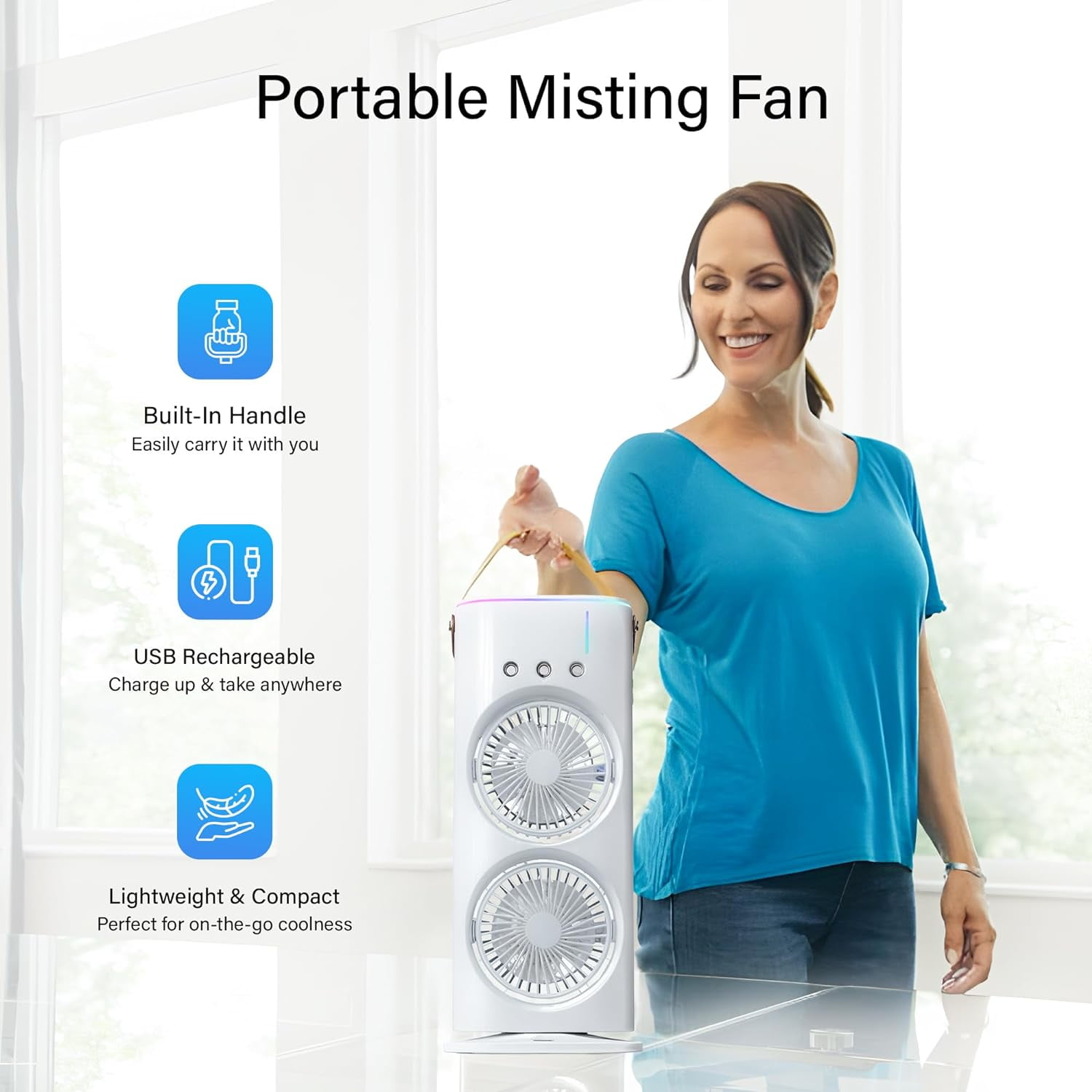 Bell + Howell Aqua Air Misting Fan Portable Rechargeable Cooling Fan (White, 1 Unit) 96ezi