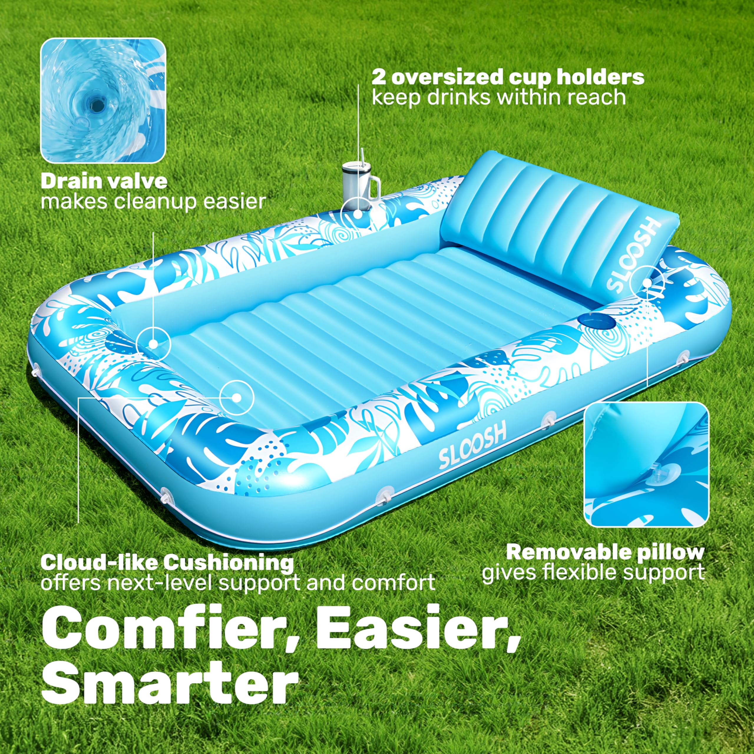 SLOOSH Inflatable Tanning Pool Lounger Float, Extra Large Suntan Bed for Adults (Blue, 85 in x 57 in) g1yek