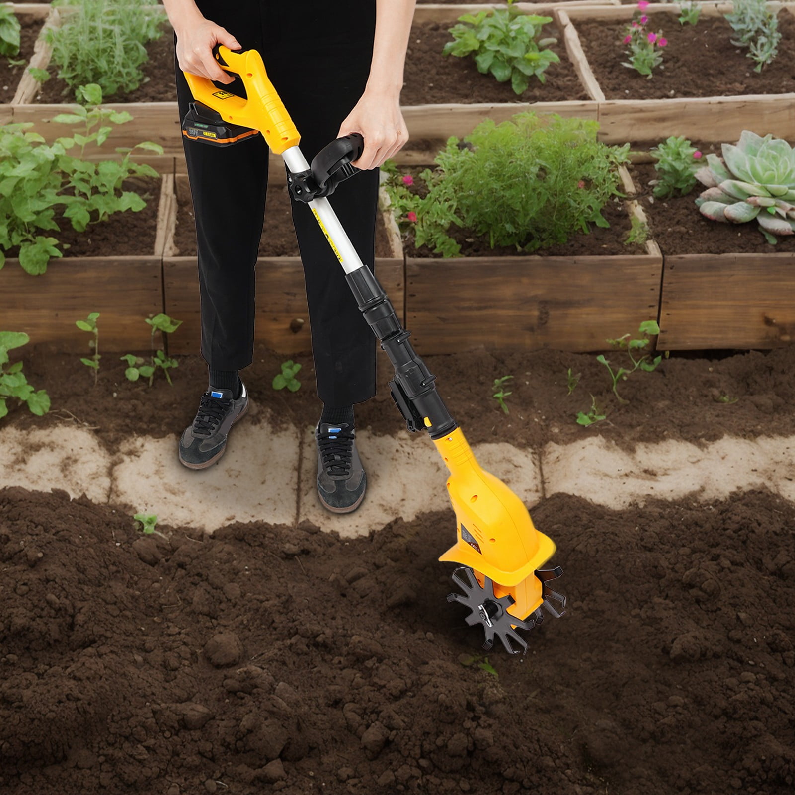 Generic Cordless Electric Tiller Cultivator, 20V Battery Powered Garden Rototiller with Adjustable Handle (Yellow, 8.38 lb) uhp6r
