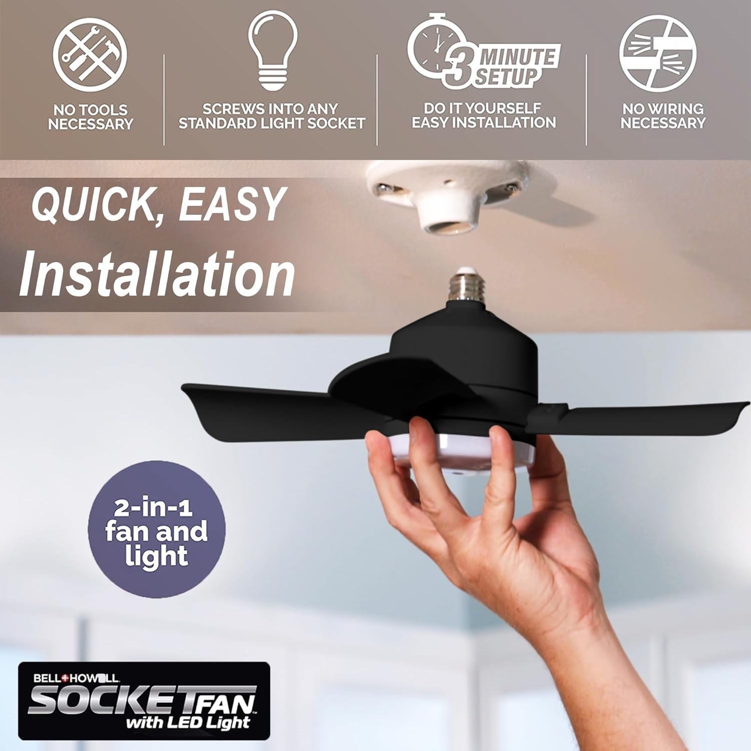 Bell + Howell Socket Breeze Ceiling Fan with LED Light and Remote (White, 15.4 in) ntcs1