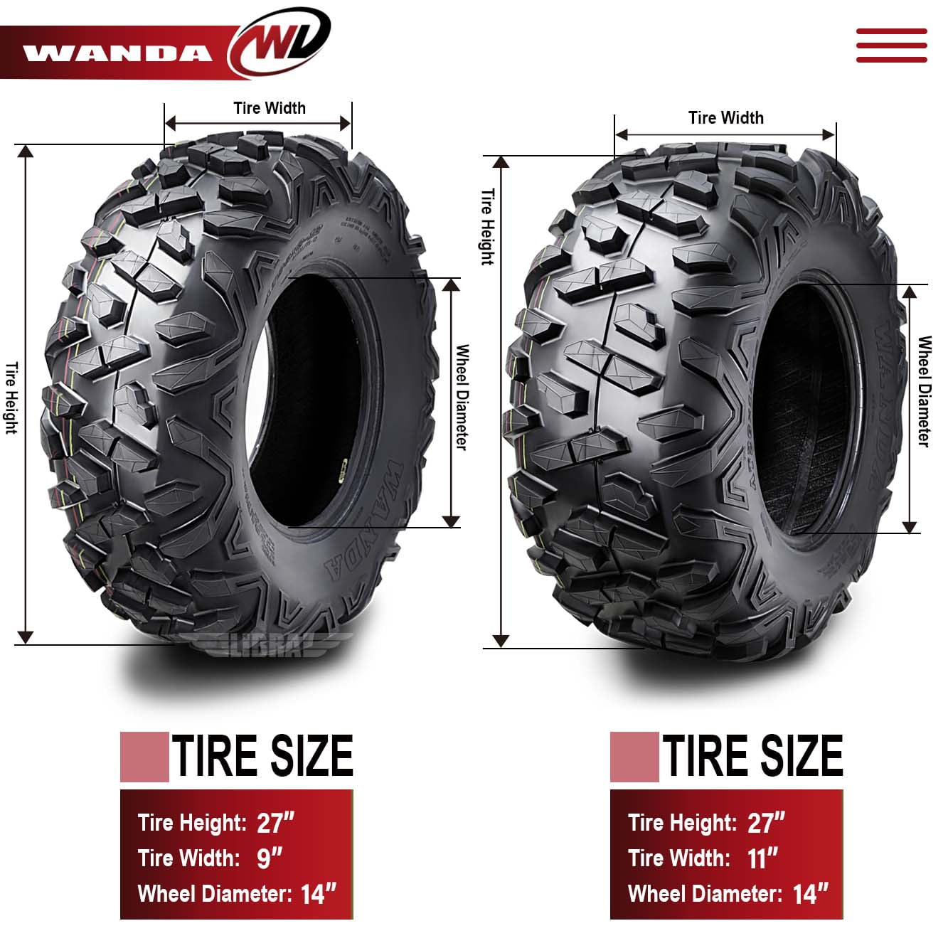Wanda ATV Tires Full Set (27x9-14 Front & 27x11-14 Rear) Heavy-Duty 6-Ply Rated P3501 Tread for Hisun Strike Hector Tactic 1000 7ltd4