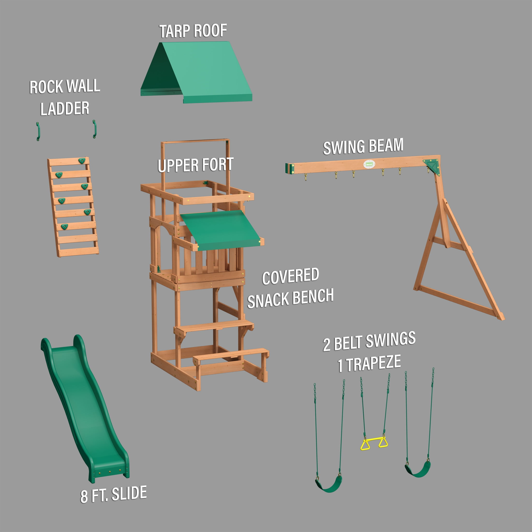 Backyard Discovery Belmont Cedar Wood Swing Set with Slide, Play Deck, and Rock Wall Ladder (White Canopy, 1 Unit) dtlr1