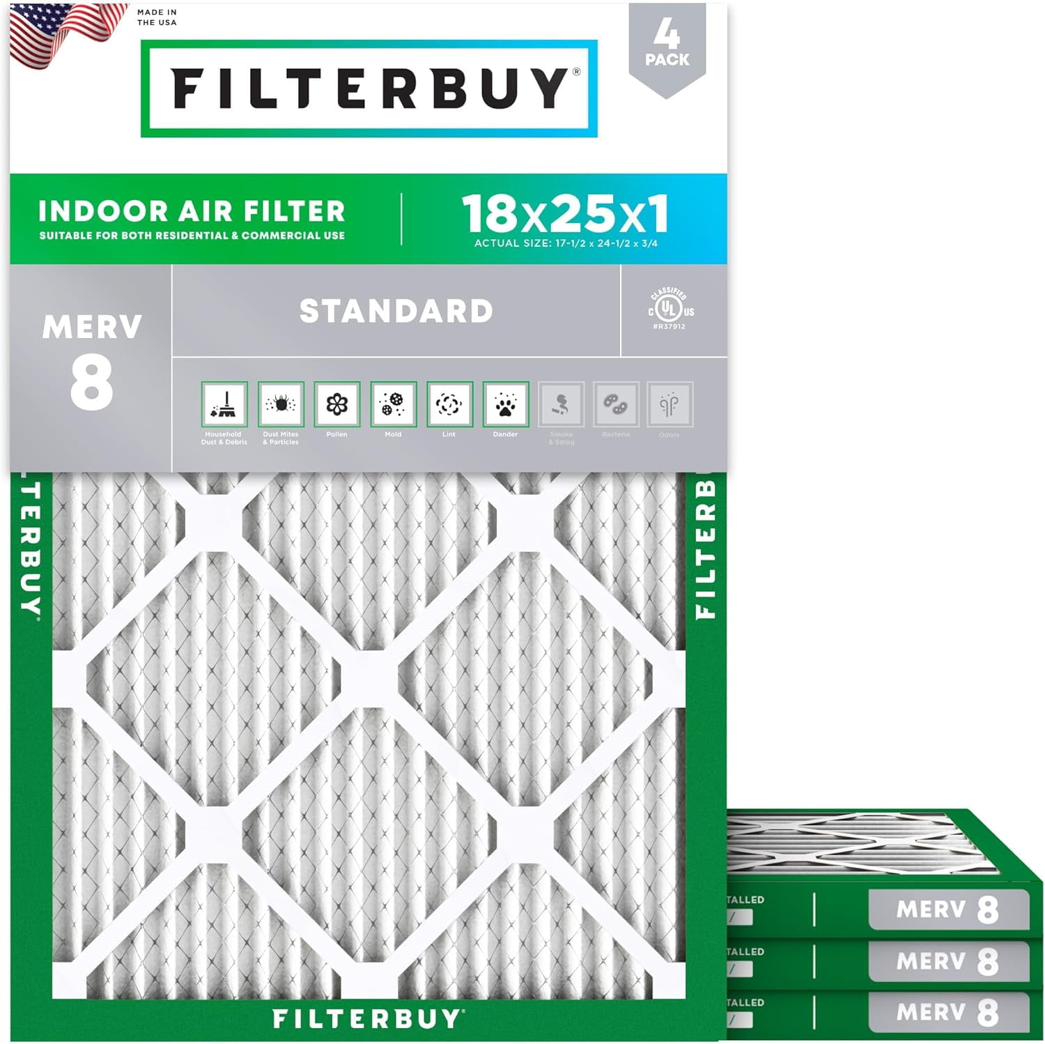 Filterbuy 18x25x1 Air Filter MERV 8 Dust Defense, Pleated HVAC AC Furnace Replacement (4-Pack, 17.5 in x 24.5 in x 0.75 in) 5w0rp