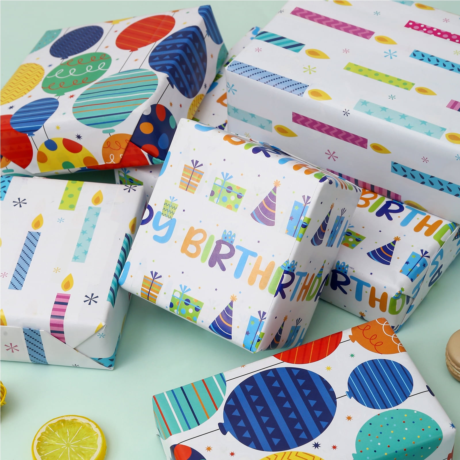 AUCLAY Birthday Gift Wrapping Paper, Festive Balloons and Candles Design (3-Sheet Pack, 27 in x 39.4 in) ofb7z