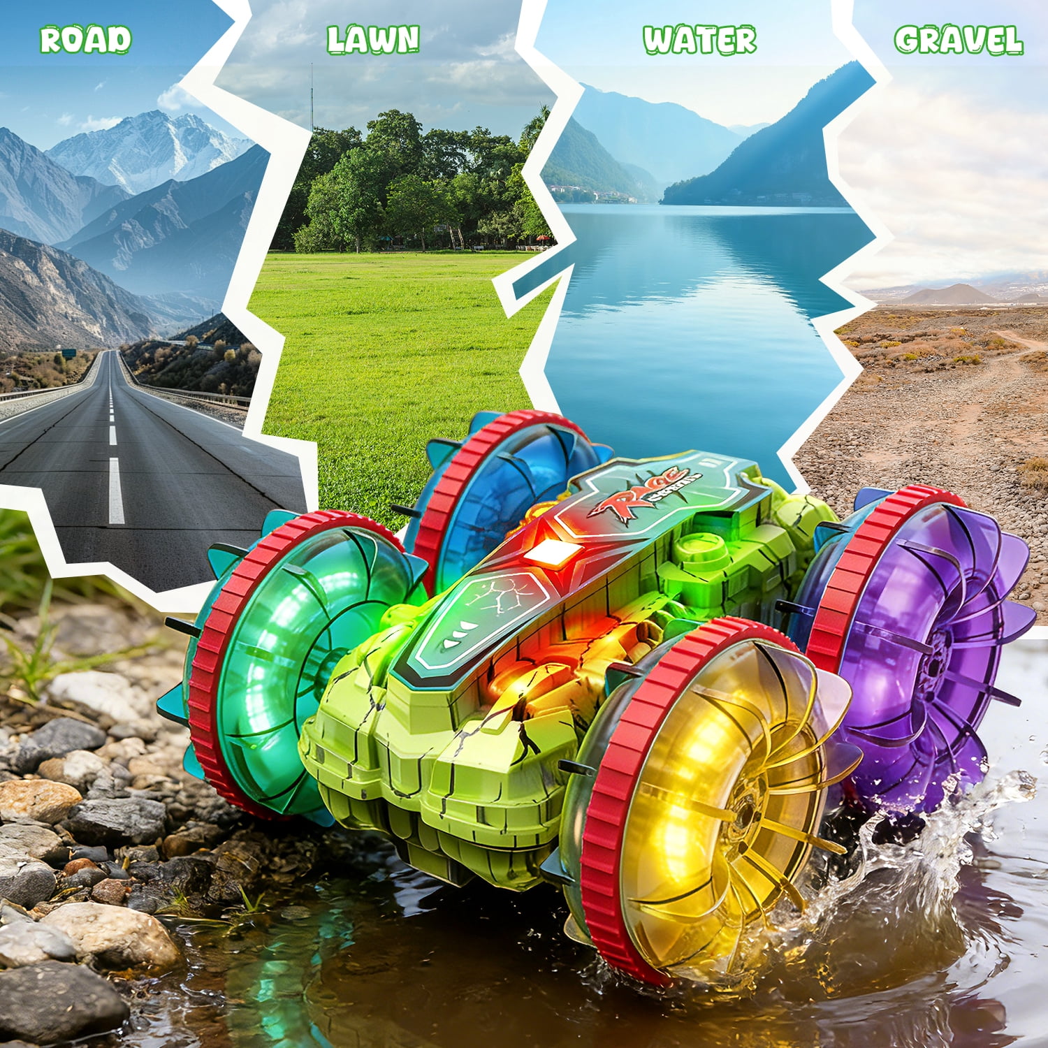 JoyStone Amphibious RC Stunt Car, 4WD Waterproof All-Terrain Remote Control Truck with LED Wheels (Green, 1 Pack) u928h