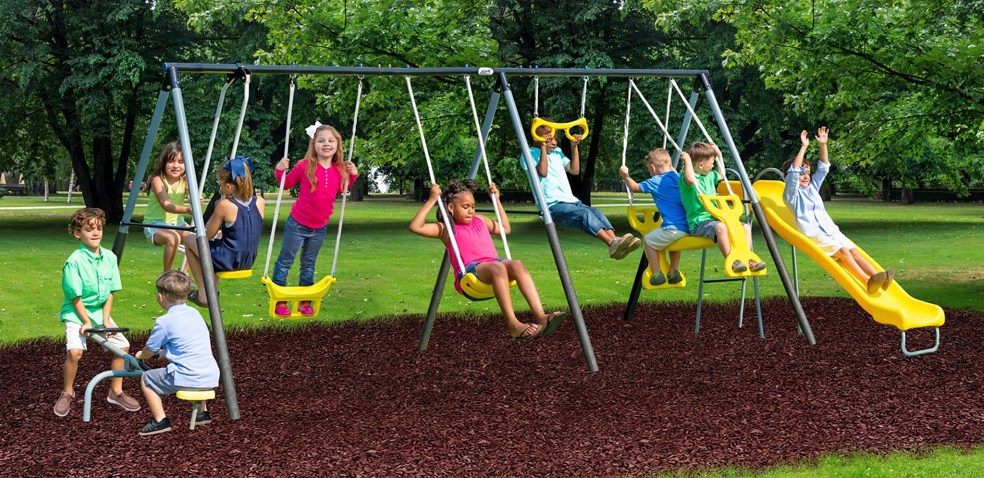 XDP Recreation Rising Sun Metal Swing Set with Slide, Seesaw, and Glider (Yellow, 10-Child Capacity) 1zow3