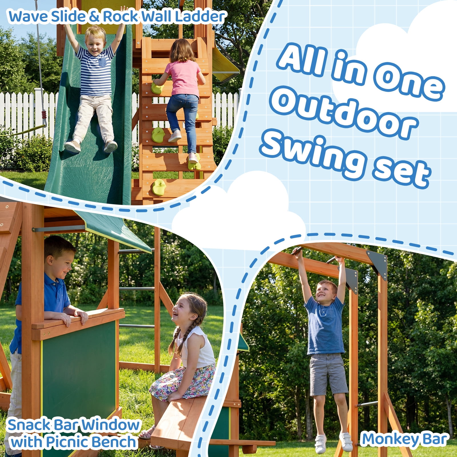 SunSwell Wooden Swing Set for Backyard with 8 ft Wave Slide, Monkey Bars, and Rock Wall (Green) rp4jk