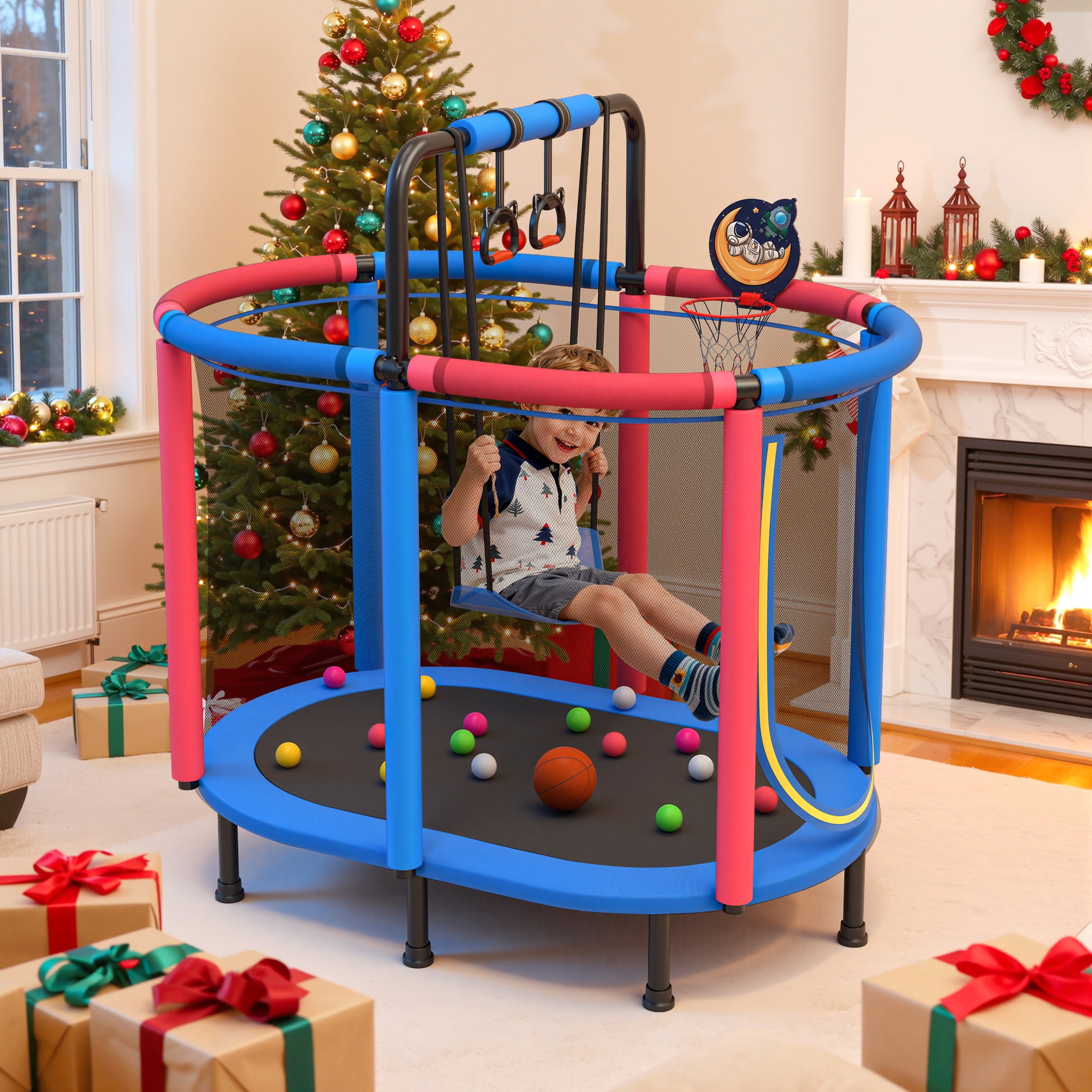 Segmart Kids Trampoline with Safety Enclosure, Basketball Hoop, Swing, and Gymnastic Rings (Blue, 60 in) zgj3e