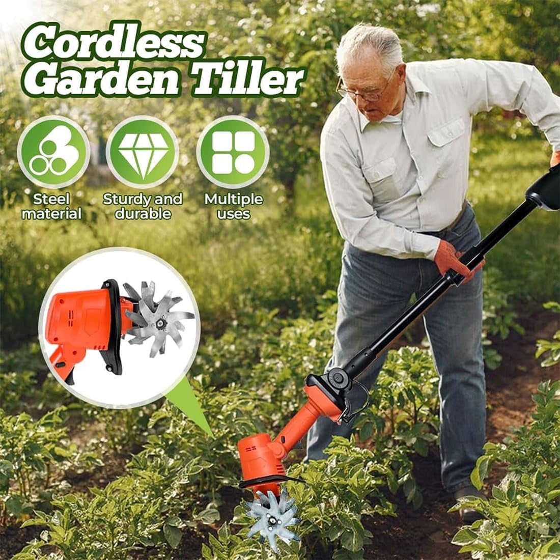 Generic 21V Cordless Mini Tiller Cultivator, Electric Garden Soil Tiller with 4 Steel Tines, Dual 1.5Ah Batteries and Charger (4 in Width) 29s24