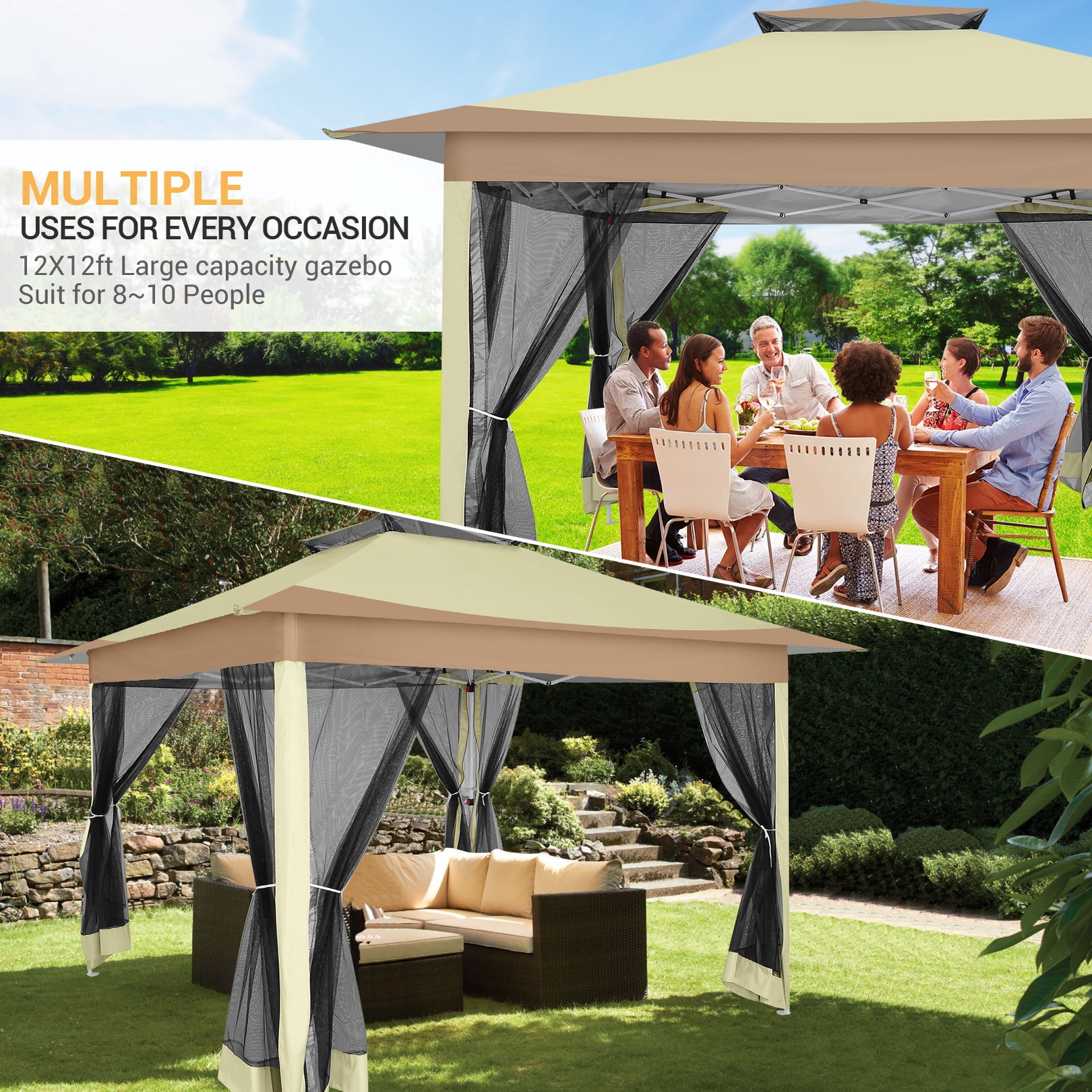 SANOPY Outdoor Pop-up Gazebo with Mosquito Netting and Sandbags (Light Brown, 12x12 ft) 63tns