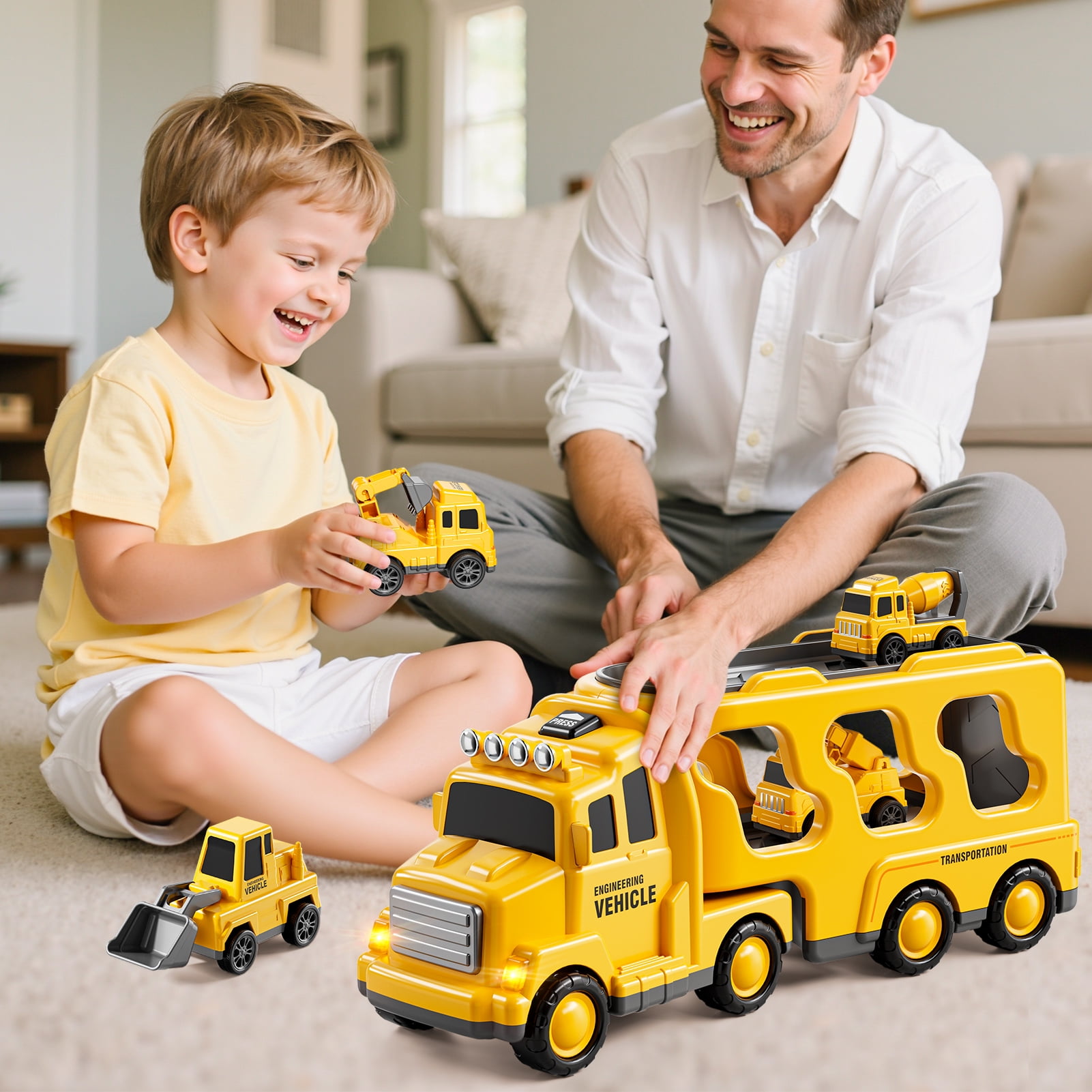 Lucky Doug Friction Powered Transport Carrier Truck with 4 Mini Cars (Yellow, 1 Set) pkaw2