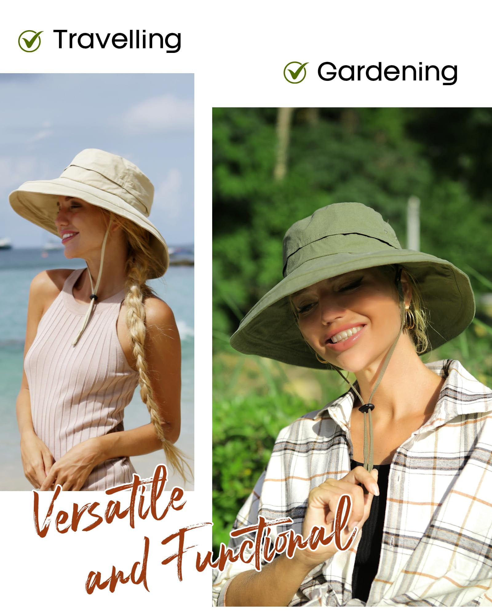 FURTALK Women Wide Brim Sun Hat Breathable Cotton Gardening Beach Hat with Ponytail Hole (Green, Medium-Large) xxmc8