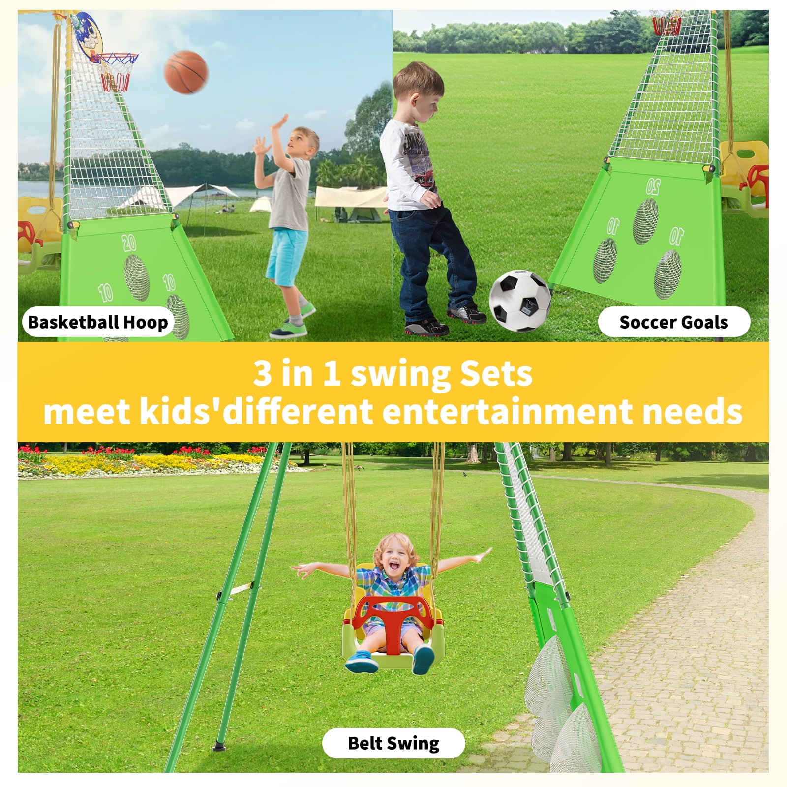 SENCHO GINSYTALIOR 3-in-1 Toddler Swing Set with Basketball Hoop and Soccer Net, Indoor Outdoor Kids Playground (Green, 67 in x 55 in x 61 in) 0vpcf