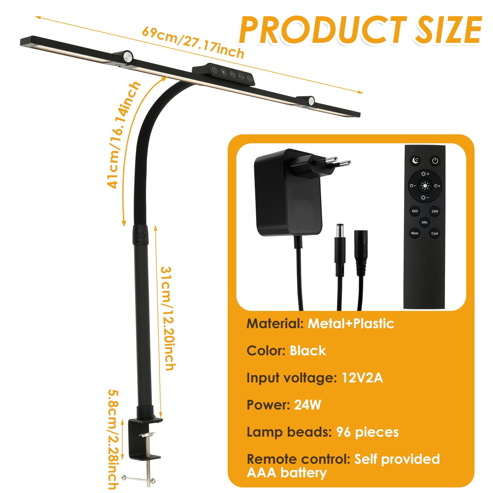 FVKRNYZ LED Desk Clamp Lamp, Adjustable Table Reading Light Bar, Eye-Protecting Task Lighting for Office and Home (Black, 24 W) 8zoal