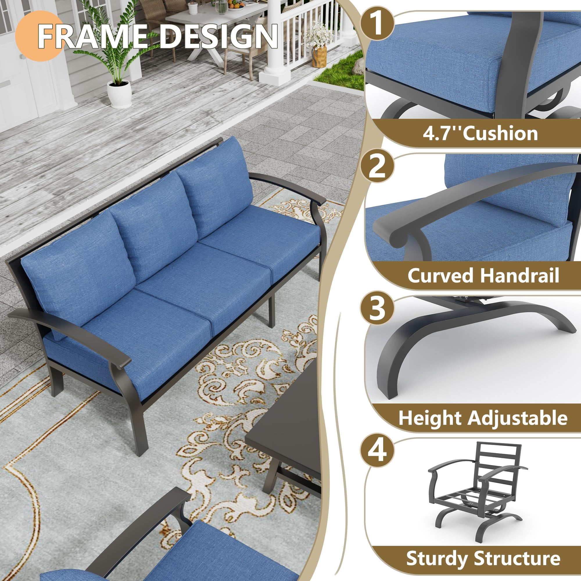 Gotland 4-Piece Metal Patio Furniture Set, Outdoor Sectional Conversation Sofa with Coffee Table (Navy Blue, 4-Piece Set) rxu6x
