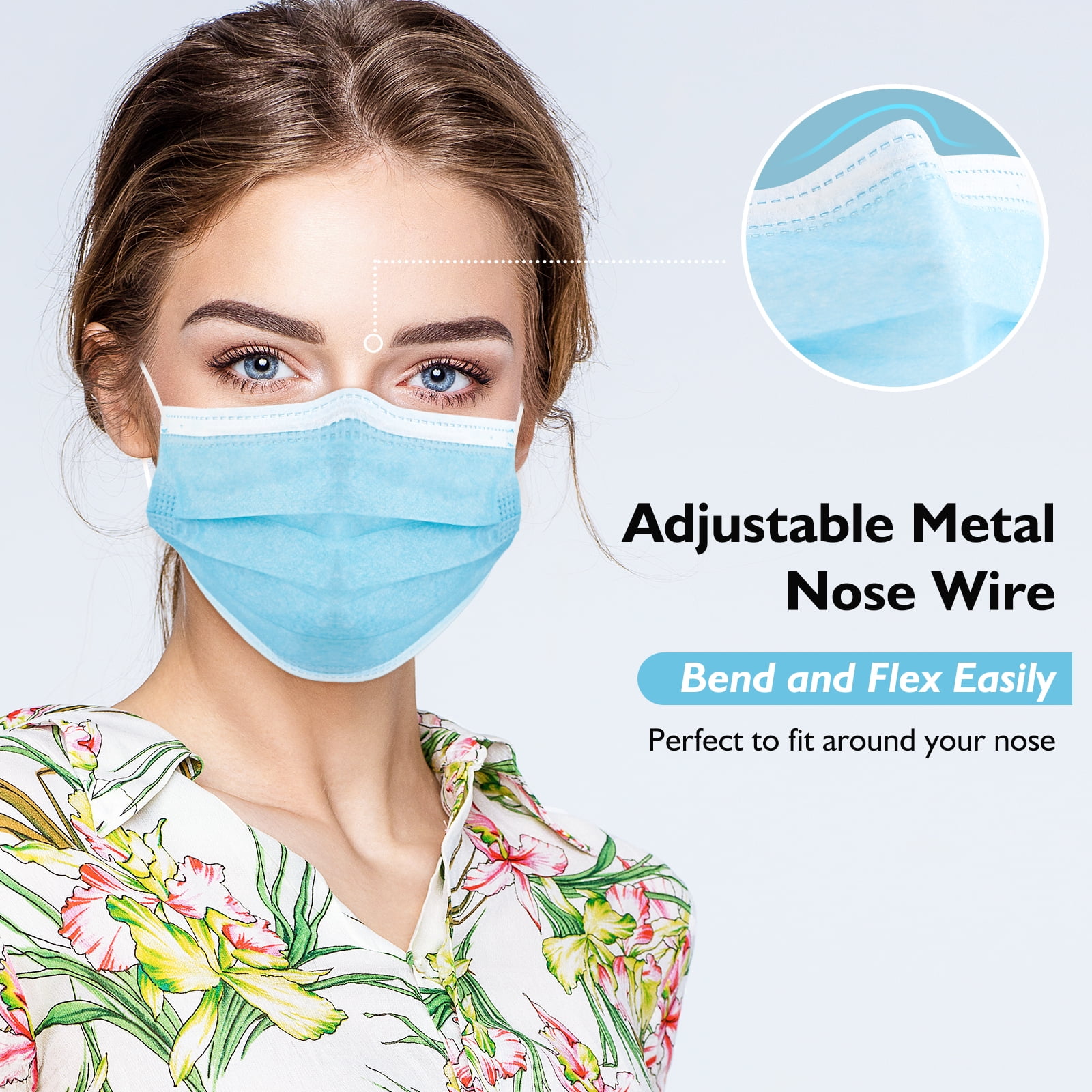 HDFK Disposable 3-Ply Face Mask with Adjustable Nose Clip and Elastic Ear Loops (Blue, 100 Pack) wx3jh