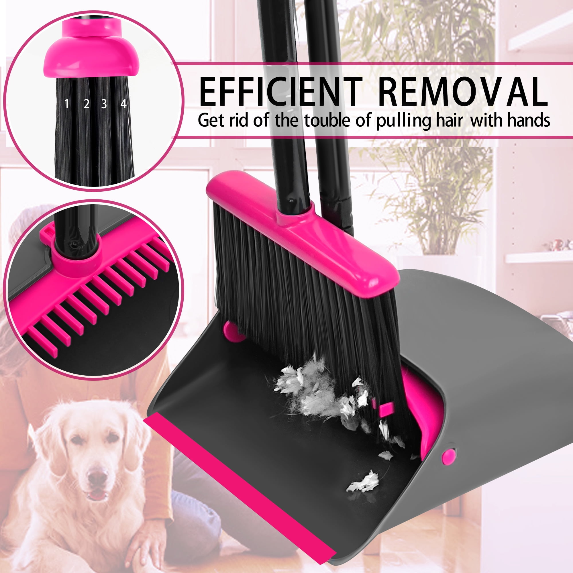 JEHONN Broom and Dustpan Set with Long Handle (Rose Red, 52.4 in) eig8u