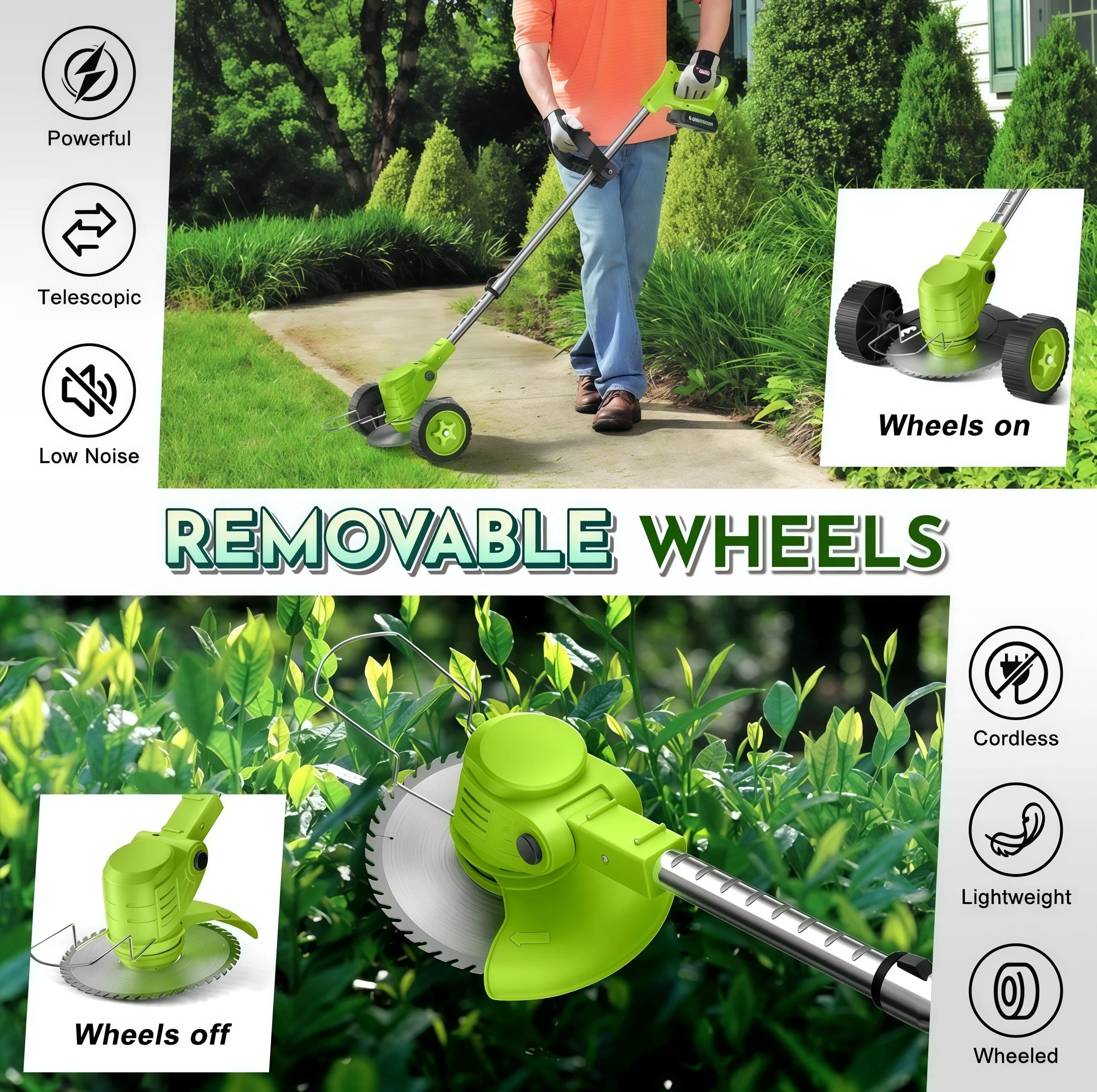 Teblint 800W Cordless Electric Weed Wacker, String Trimmer and Edger with Wheels, 21V Batteries, Adjustable Telescopic Pole (Green, 4.5 lb) 1hgmz