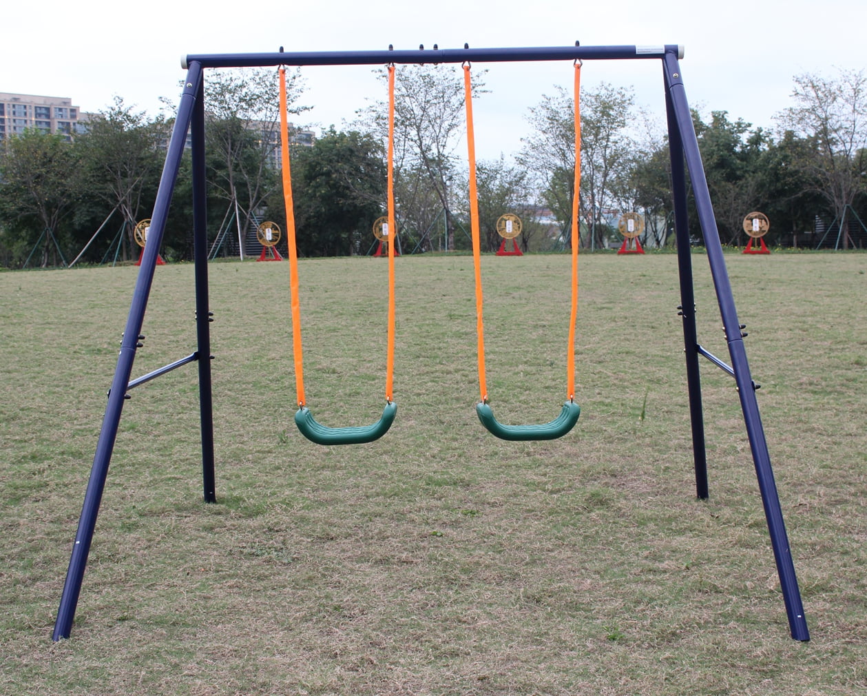 Leumius Two Station Swing Set for Kids Outdoor Backyard Play Equipment (Green, 1 Set) rb94d