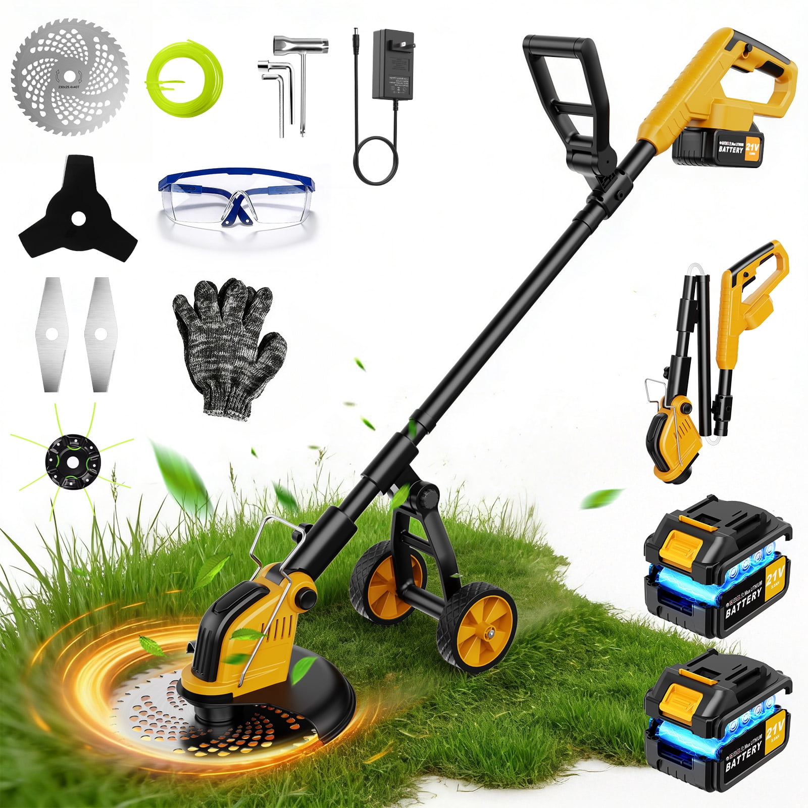 Lemolifys Cordless Electric Weed Trimmer with Wheels and 4-in-1 Cutting Blades (Yellow, 12 in) mt8m2