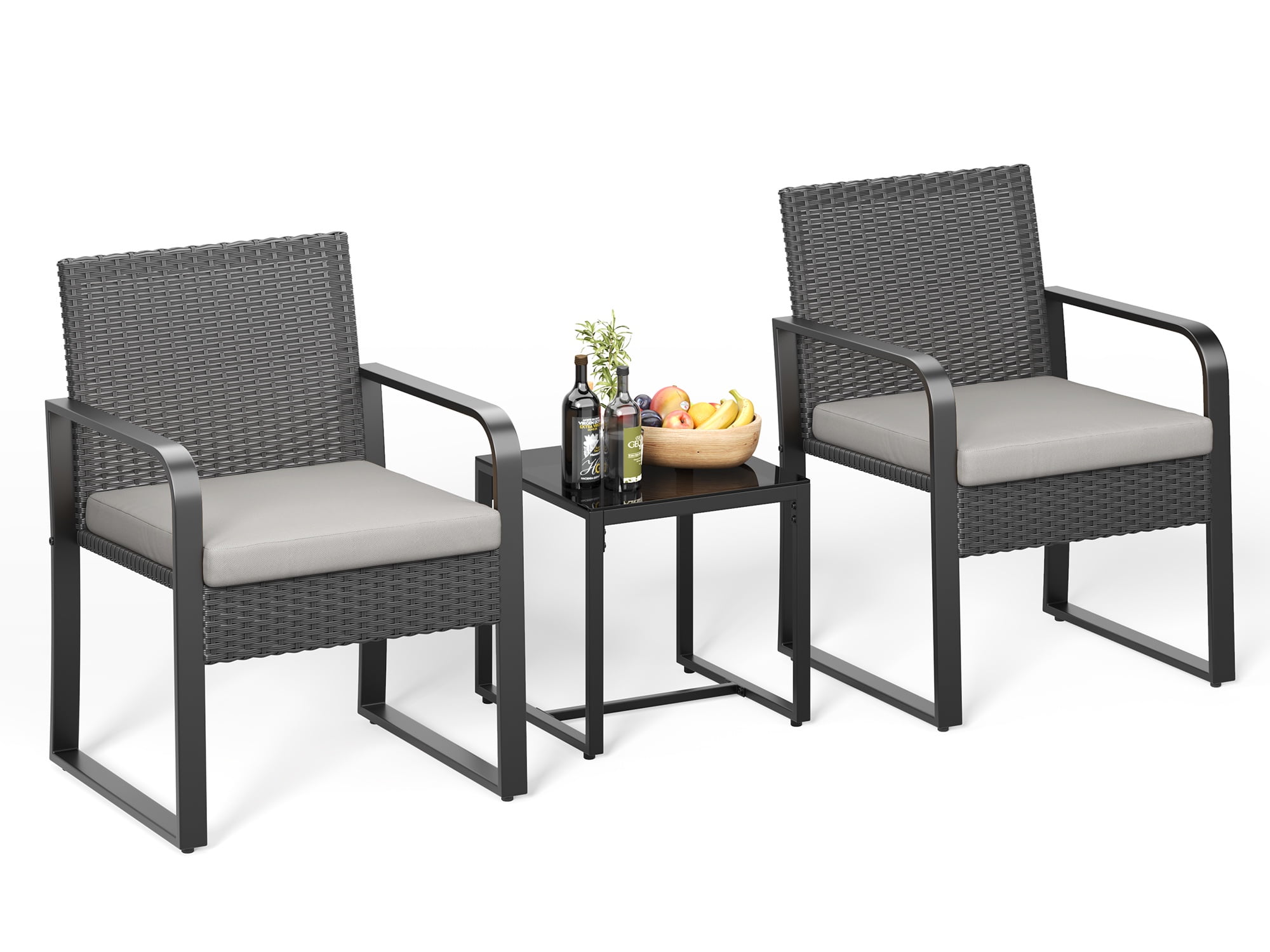 Asofer 3-Piece Outdoor Patio Furniture Set, All-Weather Wicker Bistro Chairs with Tempered Glass Table (Gray, 3-Piece Set) aovhk