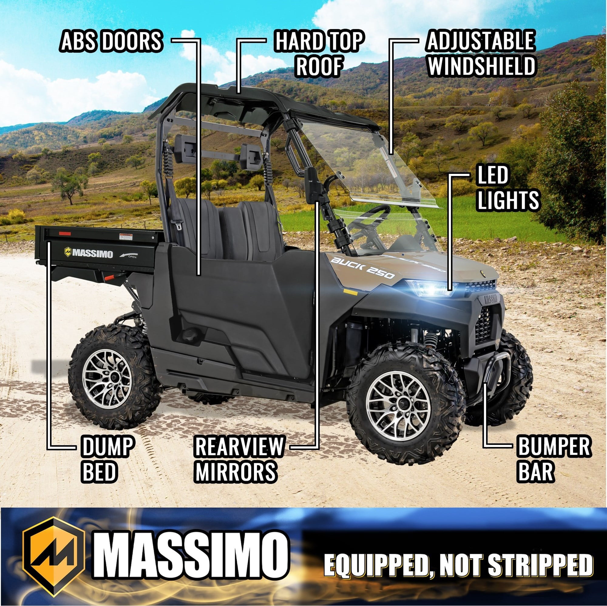 Massimo Buck 250 Side by Side UTV with Dumping Cargo Bed (Quicksand, 177cc) 5tcc7 - Image 3