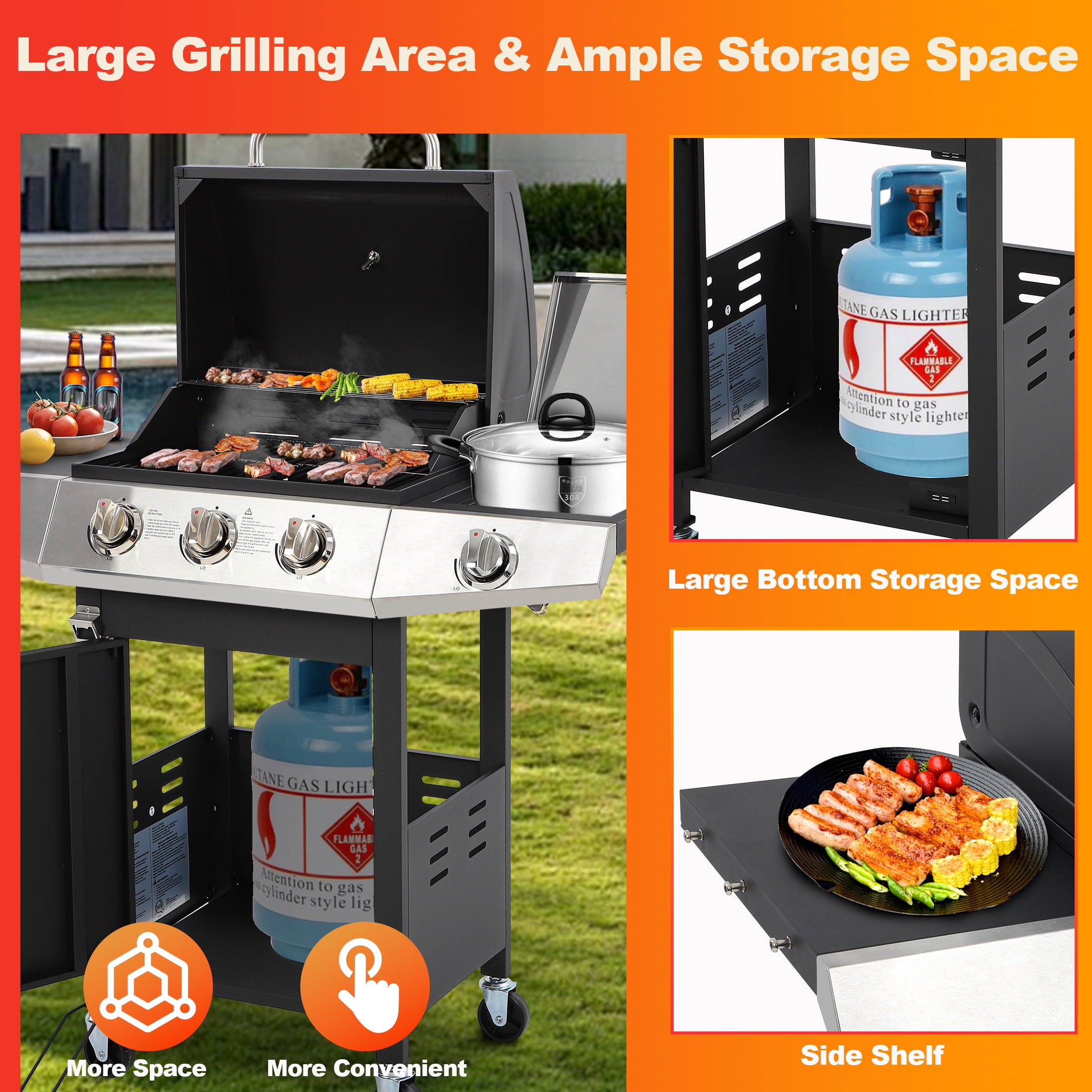 Segmart 3-Burner Propane Gas Grill with Side Burner and Thermometer (40000 BTU, 338 sq. in. Cooking Area) 54wni