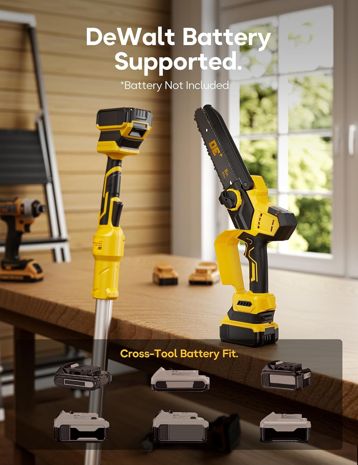 VANQUE 2-in-1 Cordless Pole Saw for DeWalt 20V Max Battery, Brushless 8 in Mini Chainsaw for Tree Trimming (Yellow, 16 ft Reach) 4gsyb