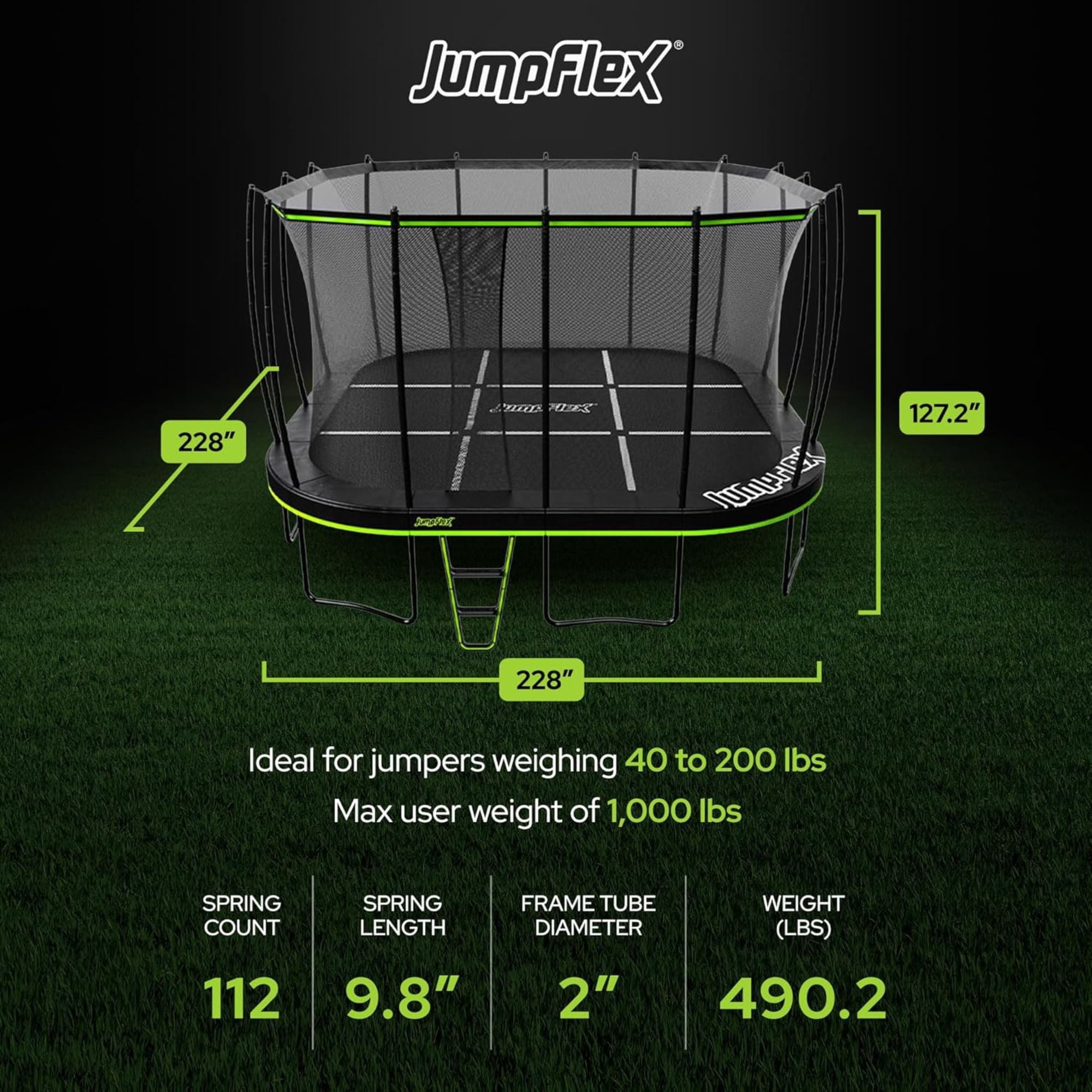 JumpFlex 19 ft Trampoline MEGA Outdoor Playset with Safety Net and Ladder (Green/Black, 19 ft) 5didx