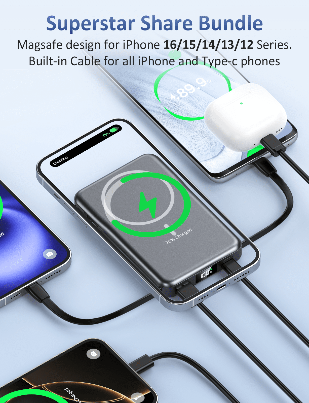 Breezio Magnetic Portable Charger (10000mAh, 20W Fast Charging, 5-in-1 Power Bank with Built-in Cable, Black) 2x8ce
