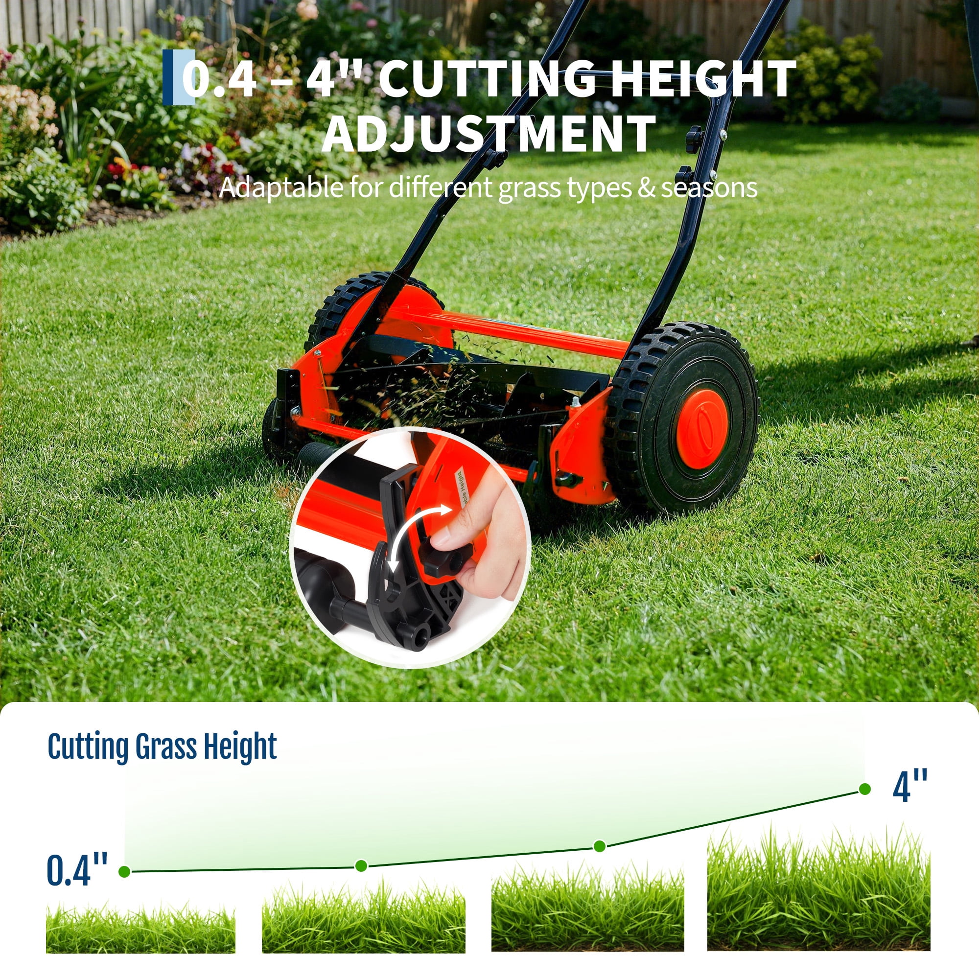 Lumiparty 14 in 5-Blade Manual Push Reel Lawn Mower, Adjustable Height Grass Cutter (Red, 14 in) yfq7w