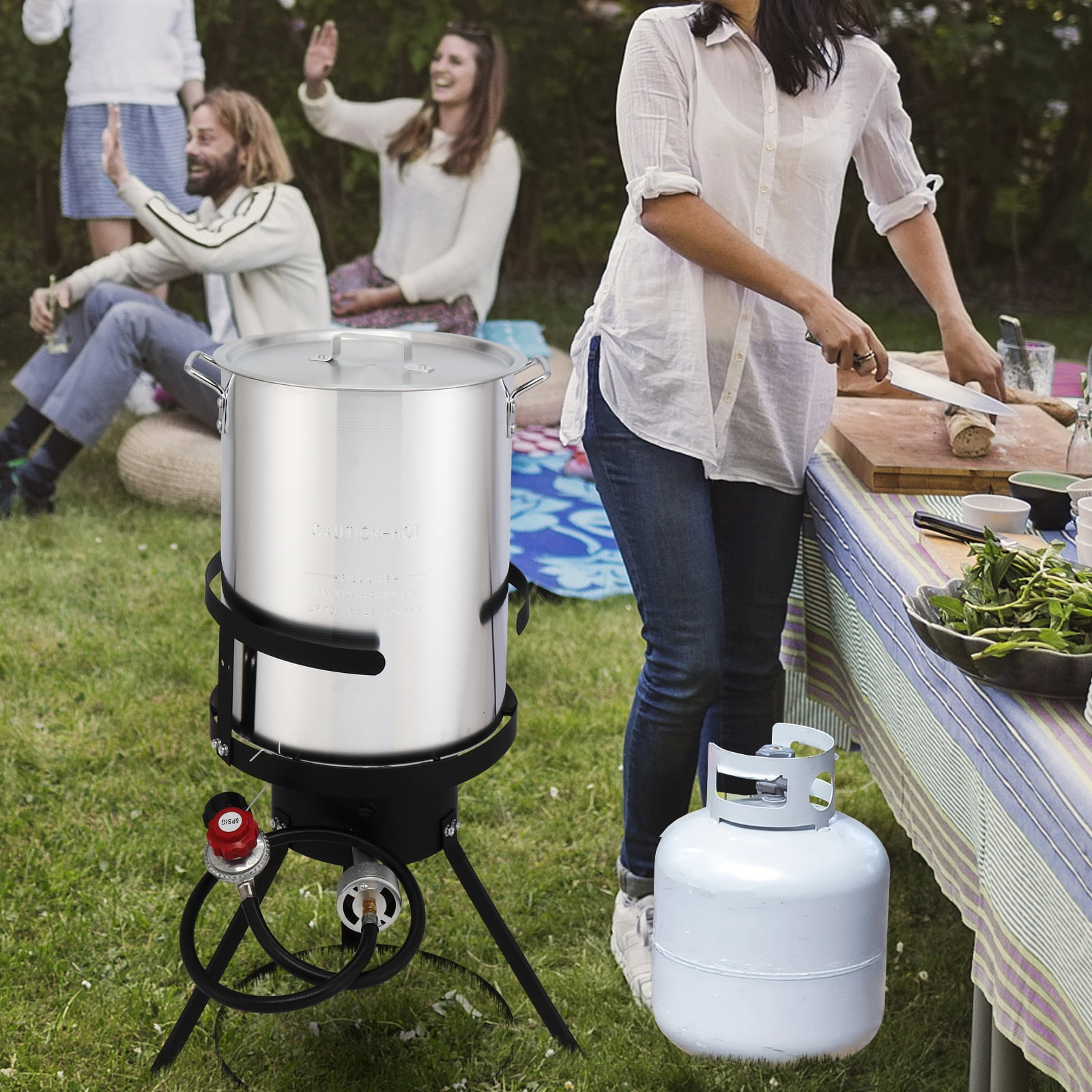EDOEMSE 4-Piece Outdoor Cooking Set, Heavy-Duty Gas Fryer with 30QT Turkey Pot and 10QT Fish Pot (13x32 in) d2hmh