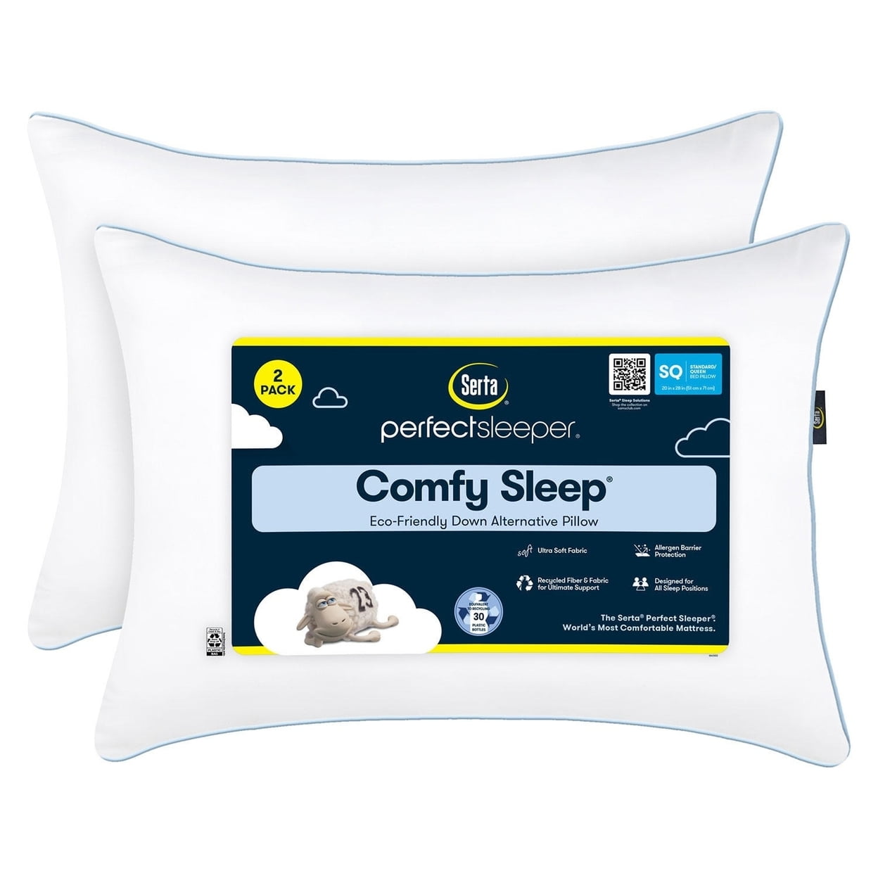 Serta Perfect Sleeper Eco-Friendly Bed Pillow Down-Alternative Support (White, Standard/Queen 2 Pk) fkm00