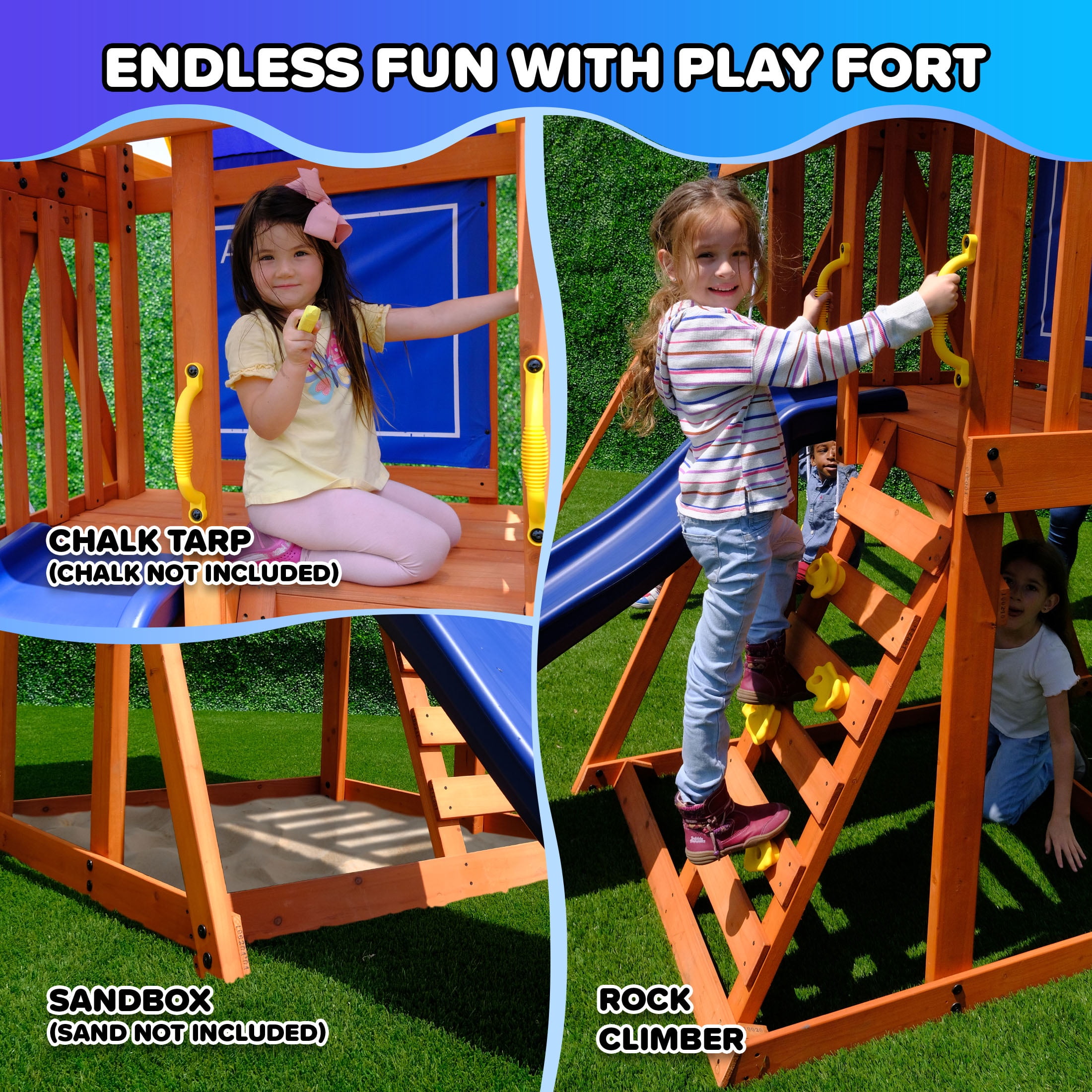 Sportspower Asher Wooden Swing Set with 2 Belt Swings, Rock Climber, and 6ft Slide (Blue, 500 lb Capacity) i3fe5