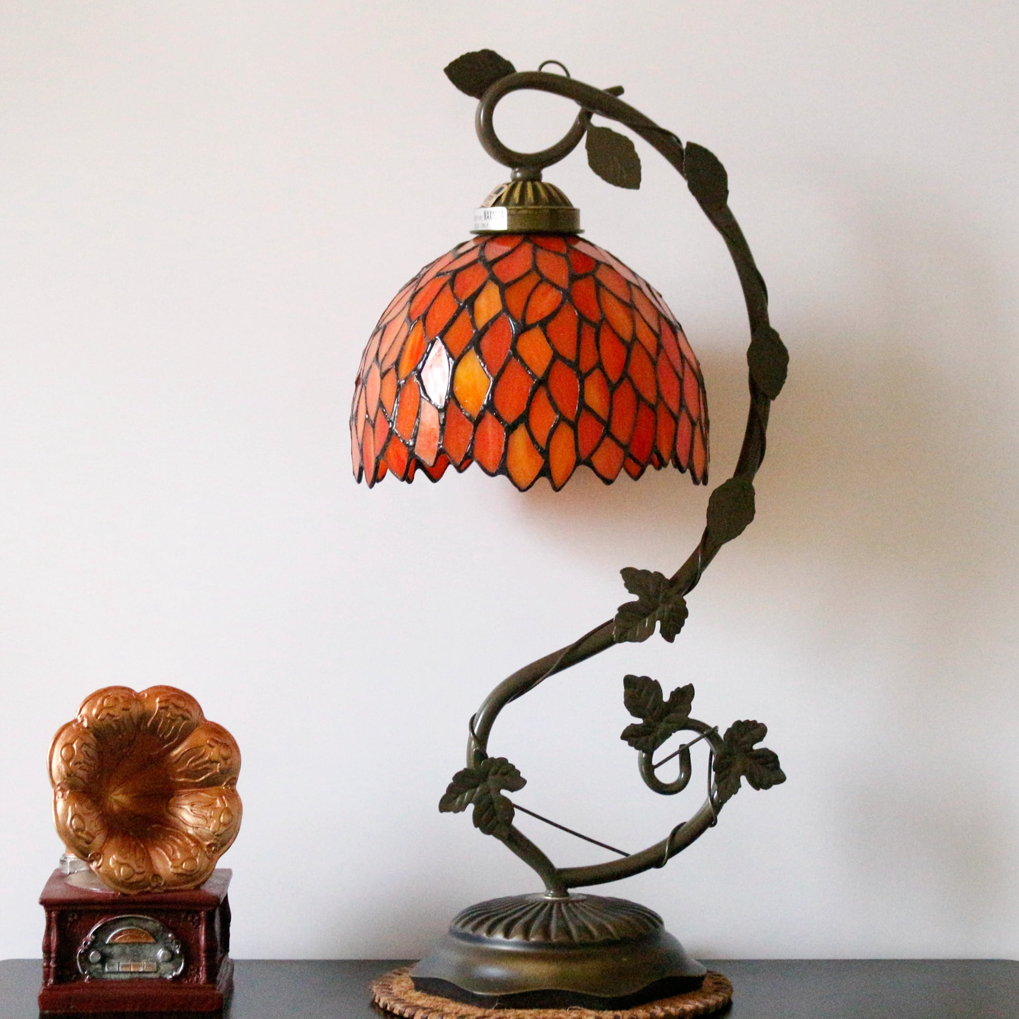WERFACTORY Tiffany Table Lamp, Stained Glass Bedside Reading Light, Antique Wisteria Style with Metal Leaf Base (Red, 20 in) 6x2wm