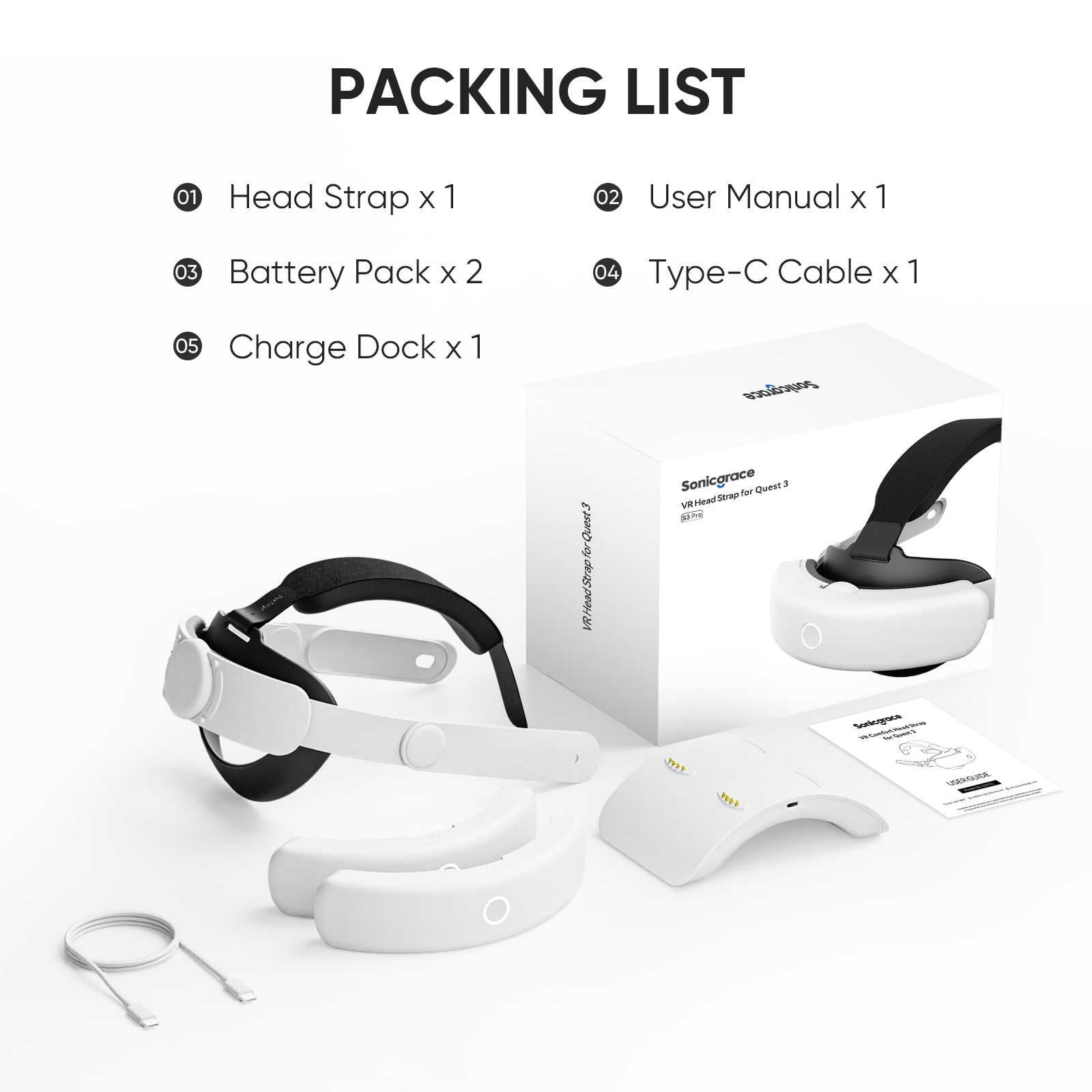 Sonicgrace S3 Duo Magnetic Battery Head Strap for Meta Quest 3 & 3S (White, 16000mAh Dual Battery Pack) wjr0h