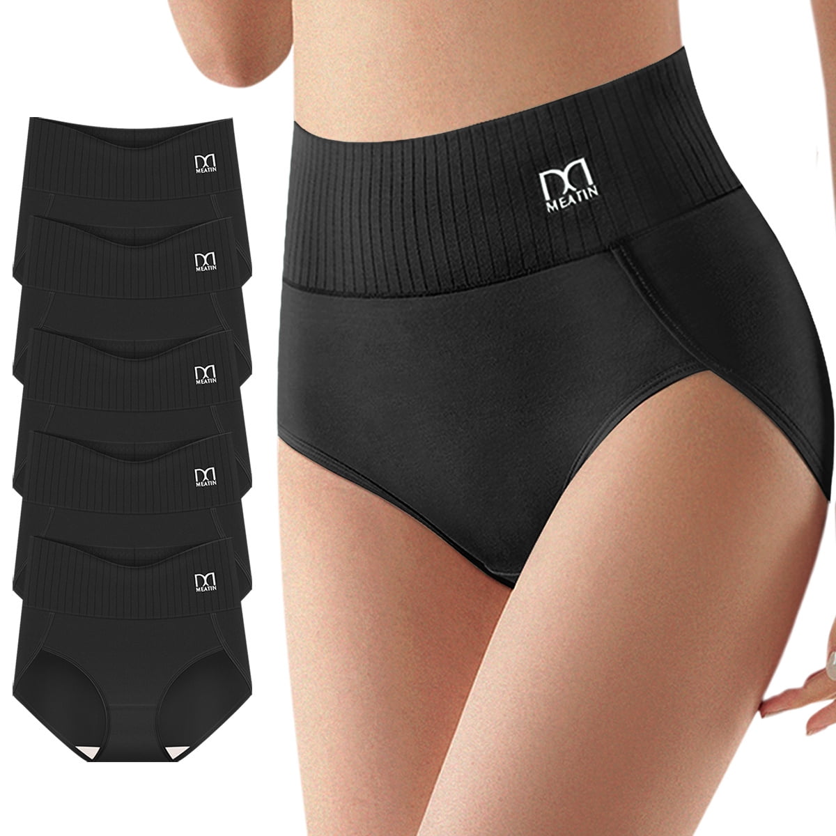 MEIYATING Women's High-Waist Briefs, Comfortable Soft Striped Underwear (Black, 5-Pack) 3uot5