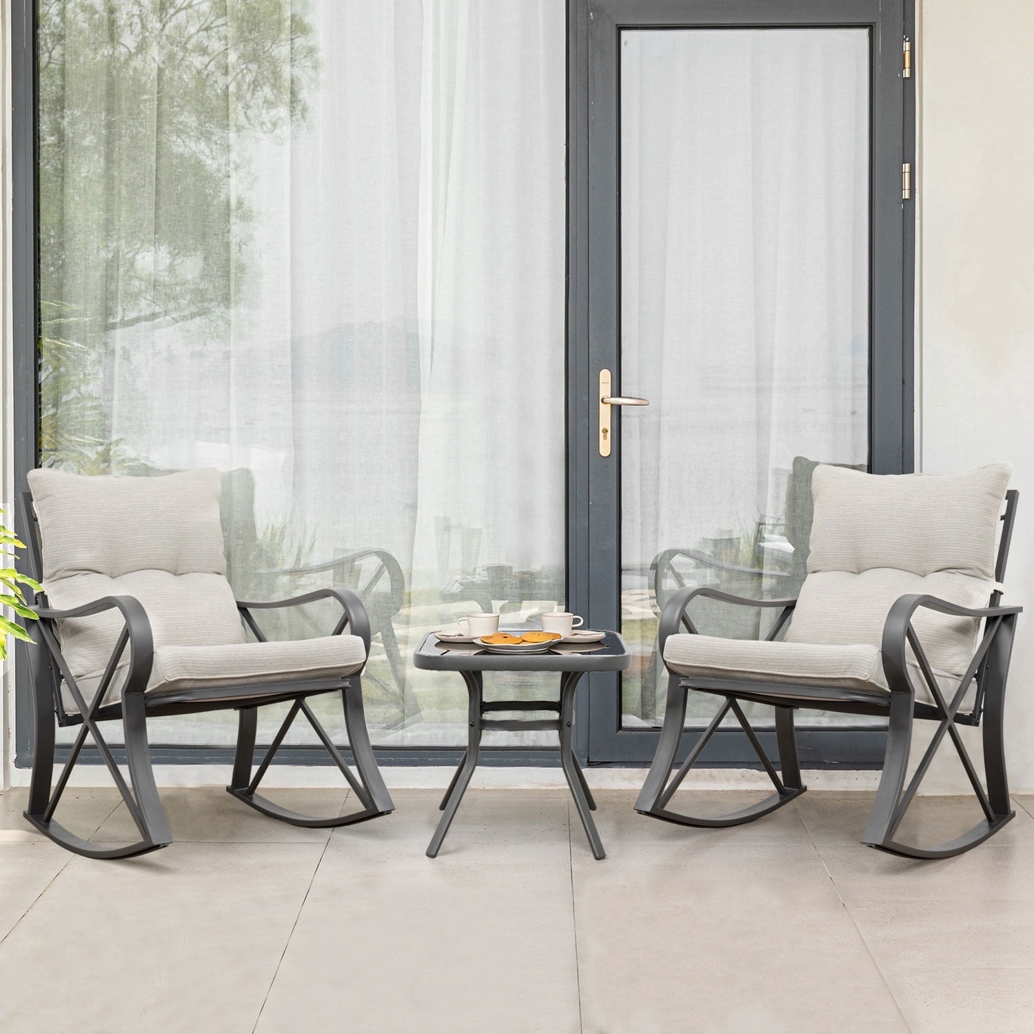 VENTOPYR 3 Piece Rocking Chair Bistro Set, Patio Outdoor Furniture with Cushions and Glass-Top Table (White, 3 Piece Set) rxgkl