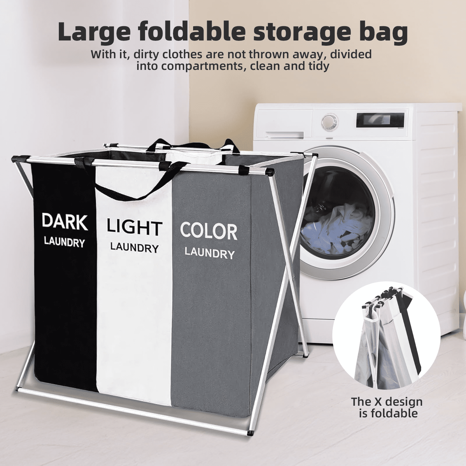 Torio 3-Compartment Collapsible Laundry Hamper, Freestanding Clothes Organizer with Reinforced Handles (Large, Gray) q6ukc