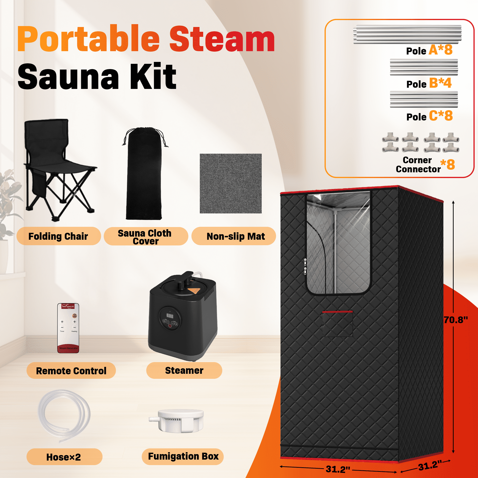 Patiosunny Portable Steam Sauna Tent for Home Spa (Black, 31.5 in x 31.5 in x 70.9 in) g3ysa