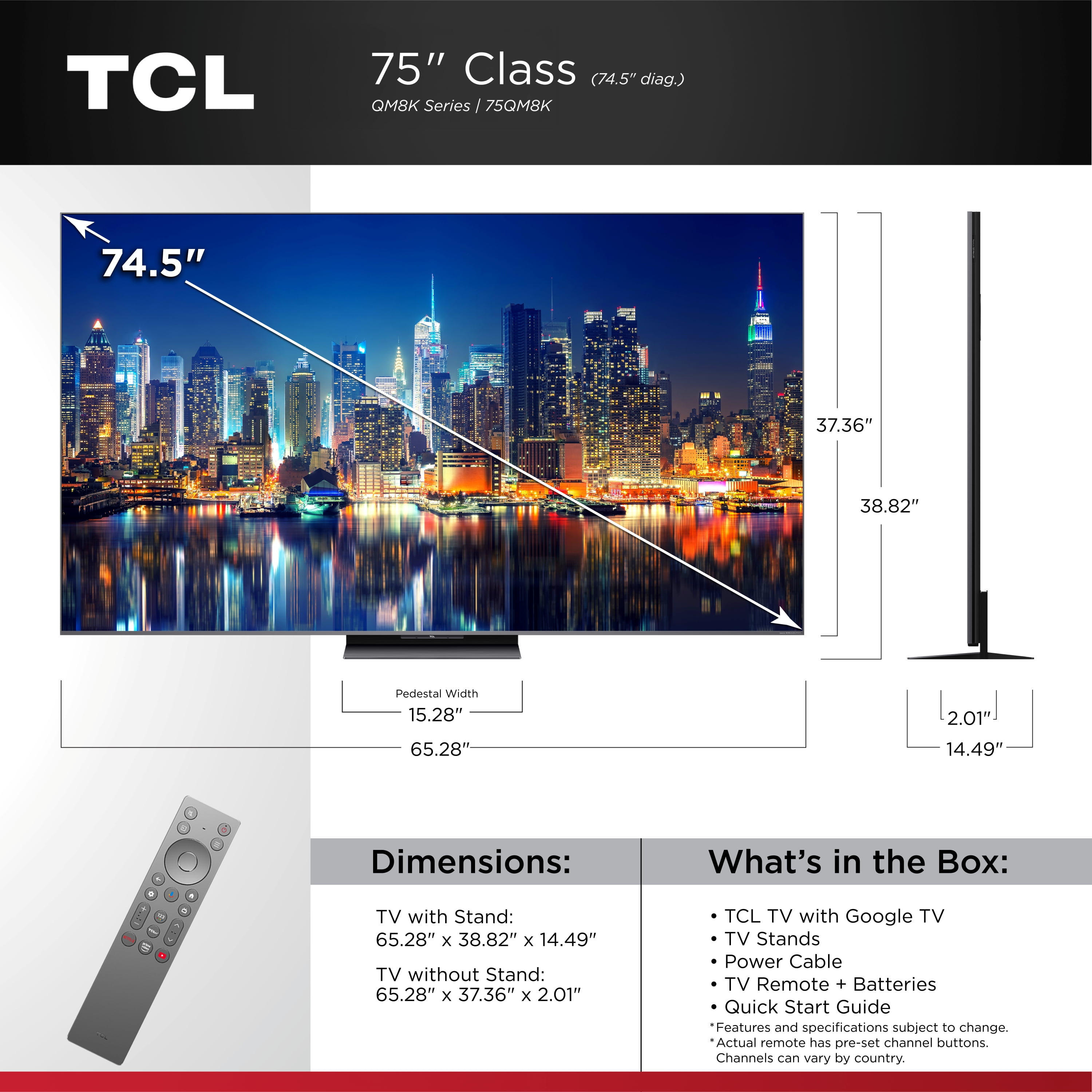 TCL 75-inch Class QM8K Series QD-Mini LED 4K UHD Smart Google TV (144Hz, HDR5000, Local Dimming) 599e5