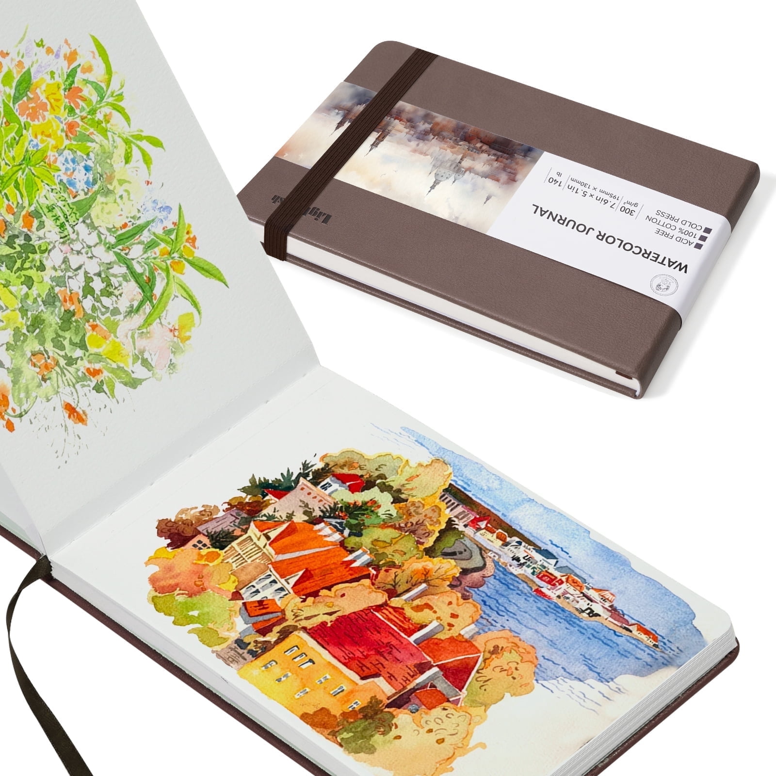 Lightwish Watercolor Sketchbook, 100% Cotton Cold Press 140lb Paper for Watercolor, Gouache, and Acrylics (Brown, 7.6 x 5.1 in, 20 Sheets) tx4kd