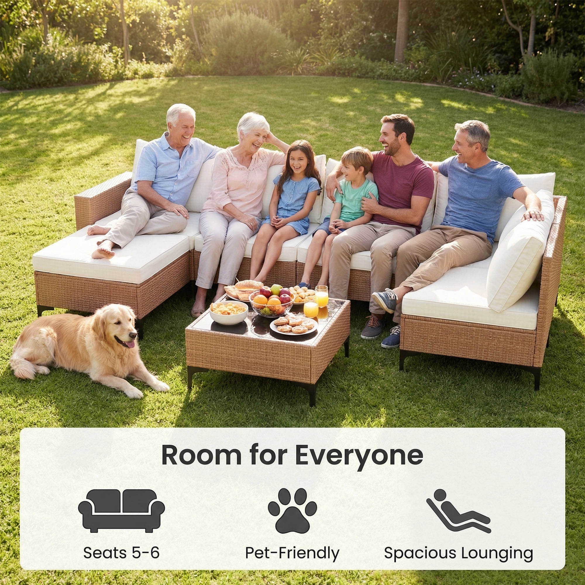 LAZZO 7-Piece Outdoor Conversation Set, Wicker Patio Furniture with Cushions and Coffee Table (Beige, 7-Piece) 4dxaf