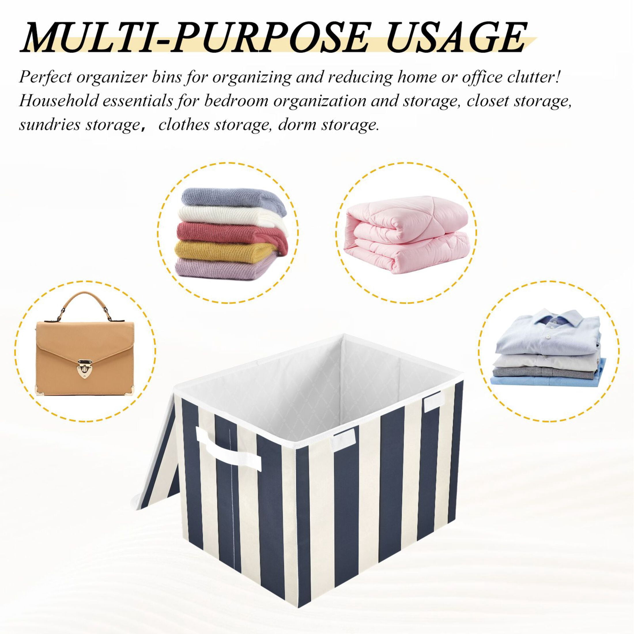 Booyaa Foldable Storage Bin with Lid and Handles, Vertical Stripe Fabric Organizer for Closet and Home (Navy Blue, 16.5 x 12.6 x 11.8 in) wvq29