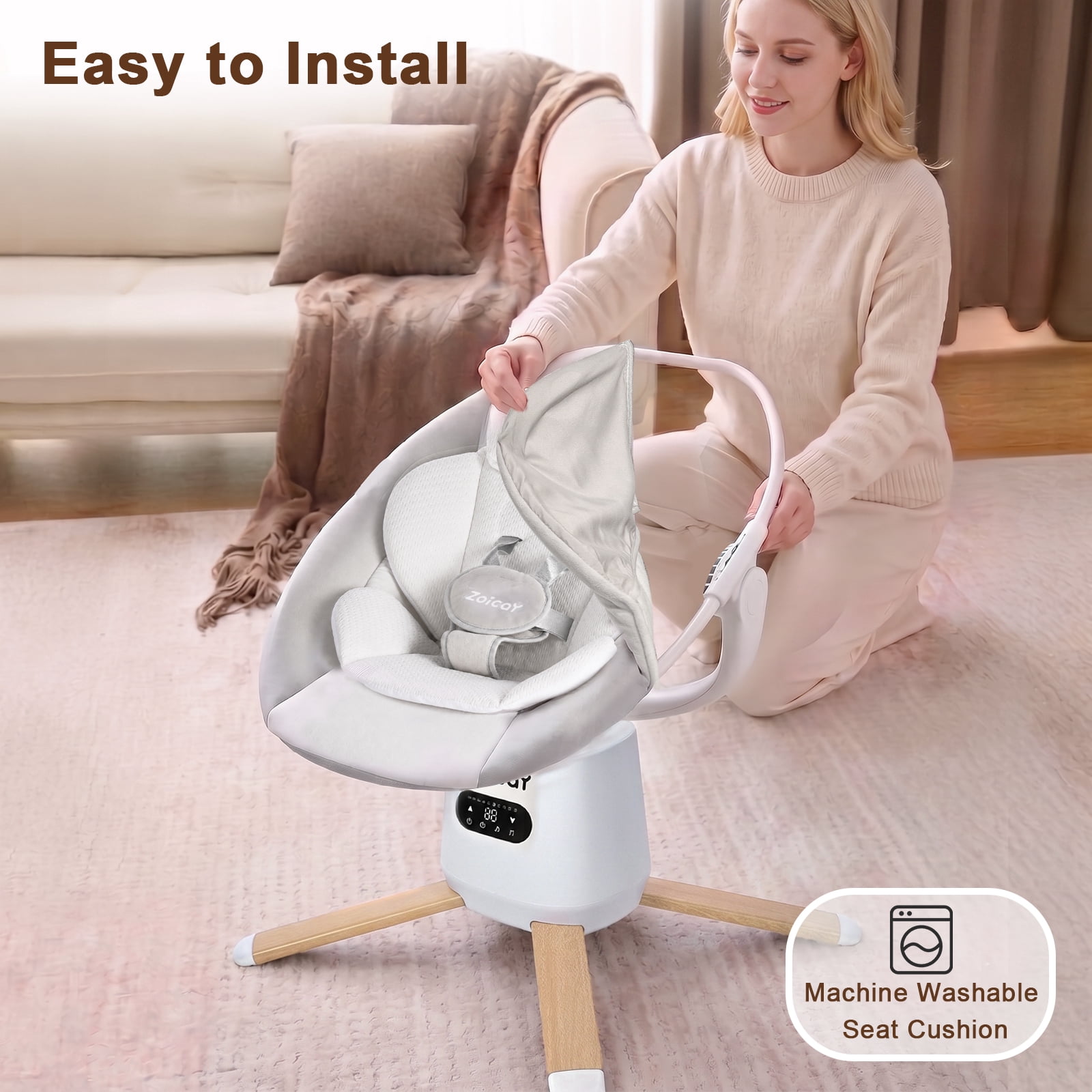 Zoicay Baby Swing, Infant Swing with 8 Motions & 8 Speeds, 360° Rotating Seat, Bluetooth Music & App Control (White, 25 lb Capacity) nq9jz