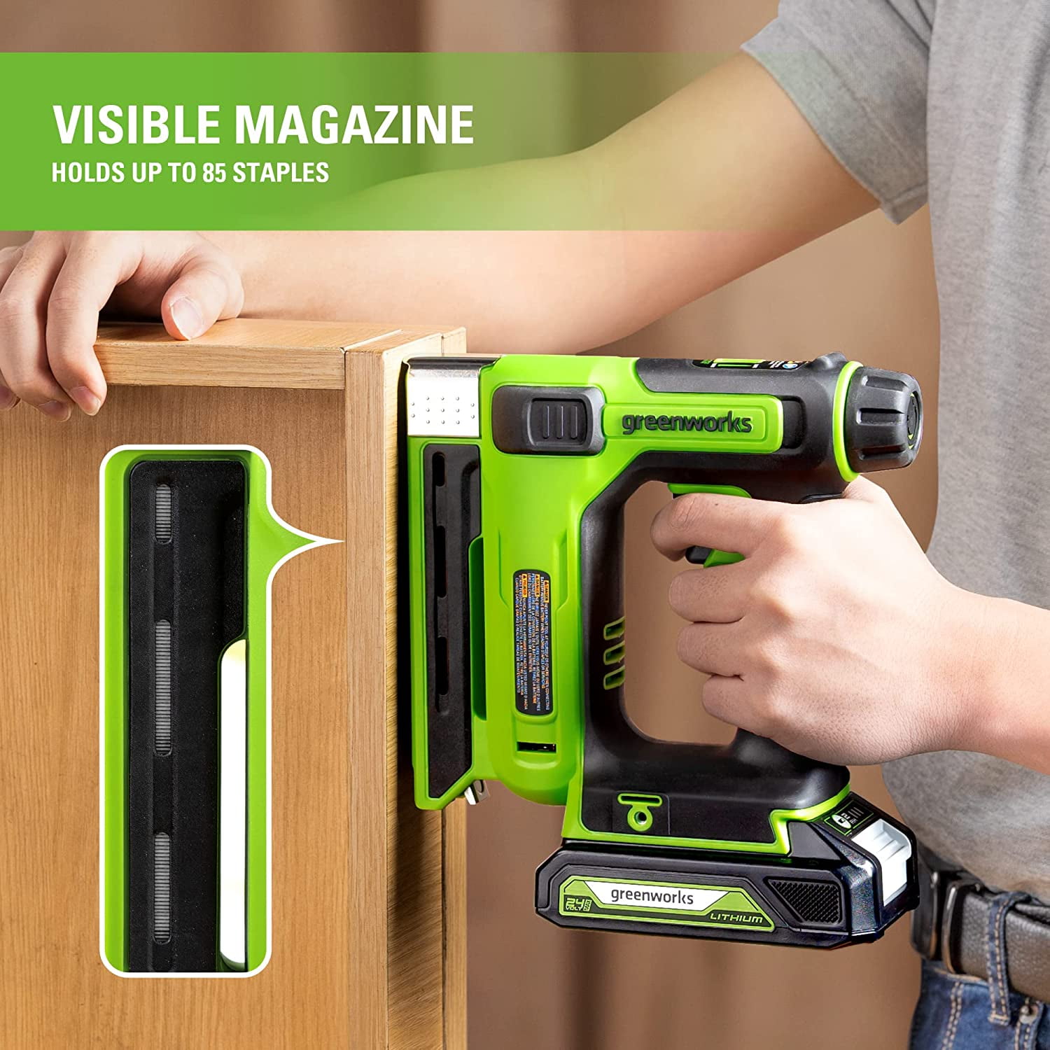 Greenworks 24V 3/8 in Crown Stapler with 2Ah Battery and 2A Charger (Green) uotkd