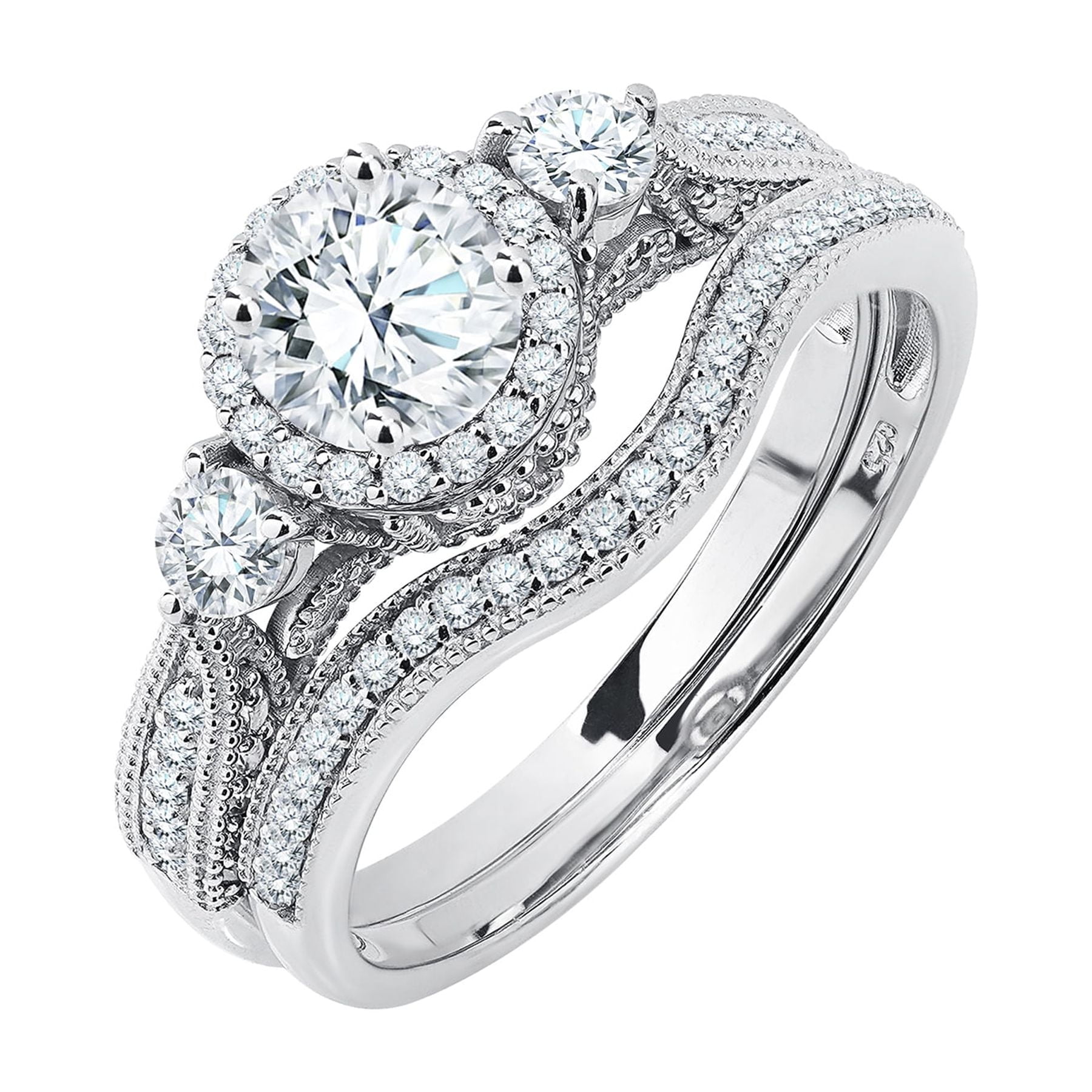 JeenMata Moissanite Wedding Ring Set Round Cut Vintage Halo Bridal Set (White, 2 Carat) dt6y2