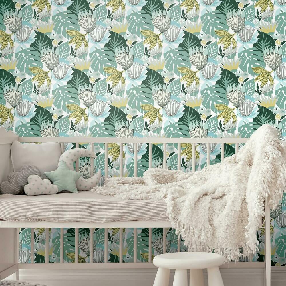 RoomMates Retro Tropical Leaves Peel and Stick Wallpaper (Pink, 20.5 in x 16.5 ft) jncuq