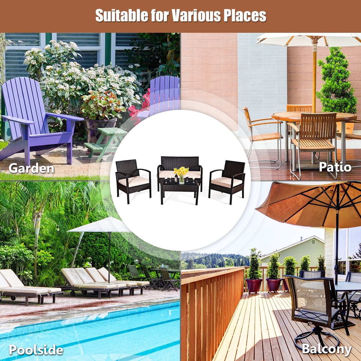 Costway 4-Piece Patio Rattan Conversation Furniture Set with Cushions and Glass Table (Brown, 4-Piece Set) y3b9y