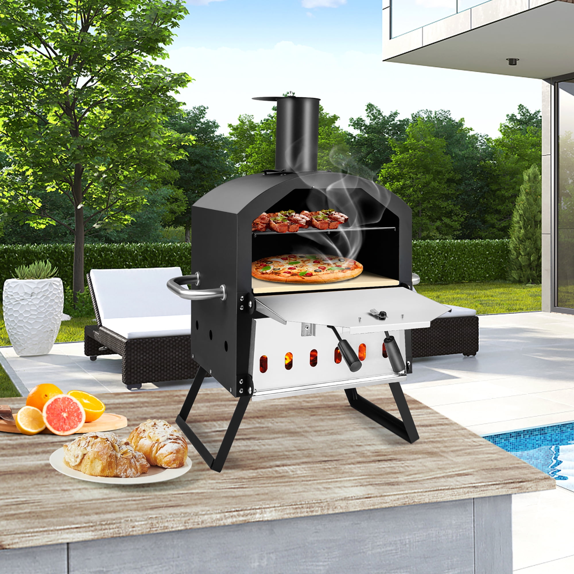 Costway 2-Layer Wood Fired Pizza Oven Outdoor Grill with Waterproof Cover (12 in x 12 in) m0tke